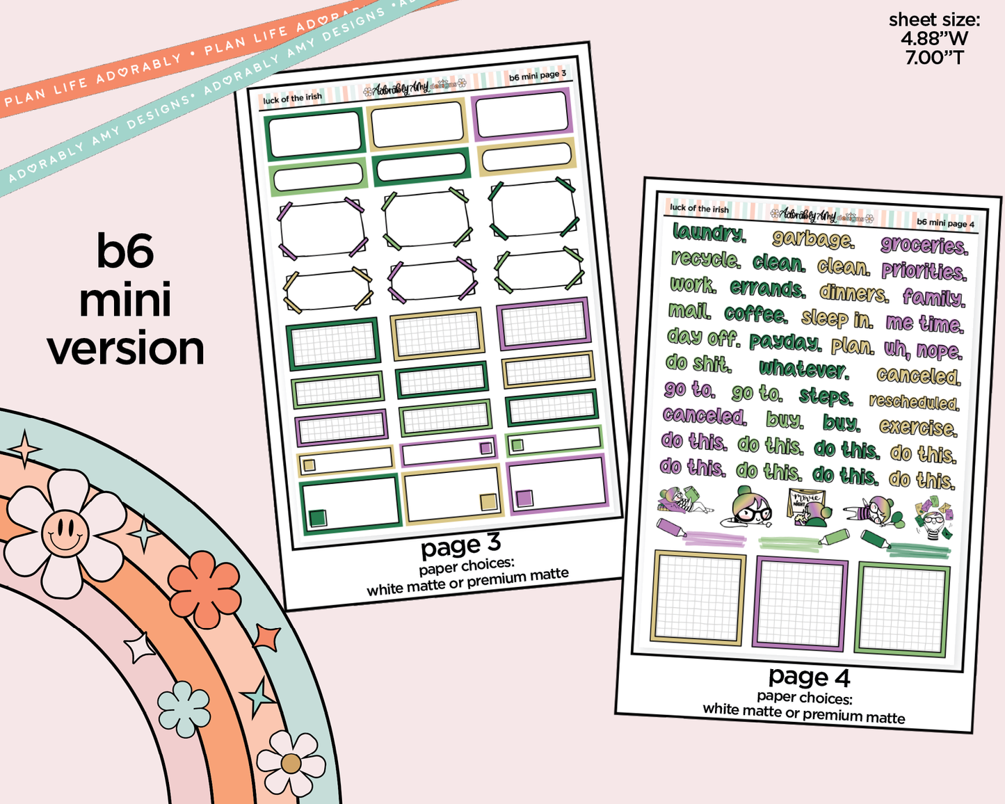 Mini B6 Luck of the Irish Planner Sticker Kit sized for ANY Vertical Insert
