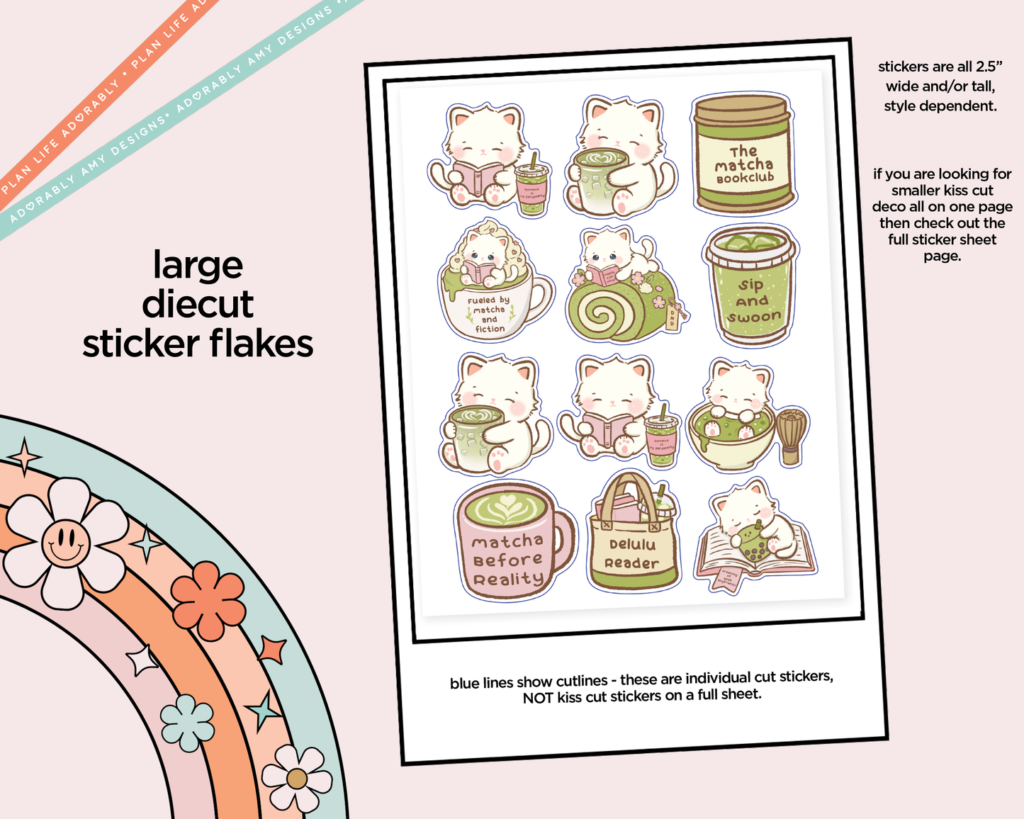 Sweet Matcha Cat Deco Stickers in 2 Sizes Decorative Planner Stickers