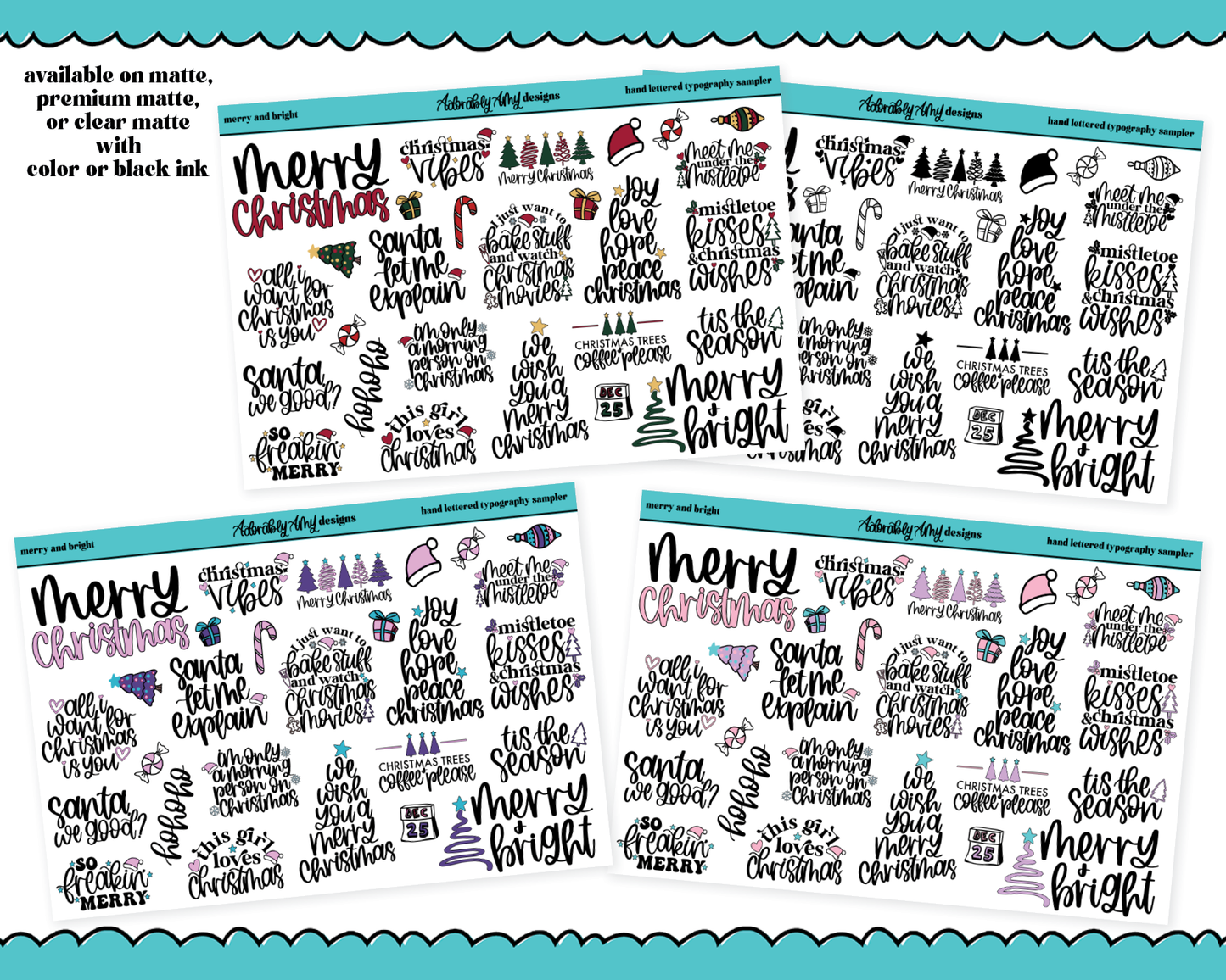 Hand Lettered Merry & Bright Typography Sampler Planner Stickers for any Planner or Insert