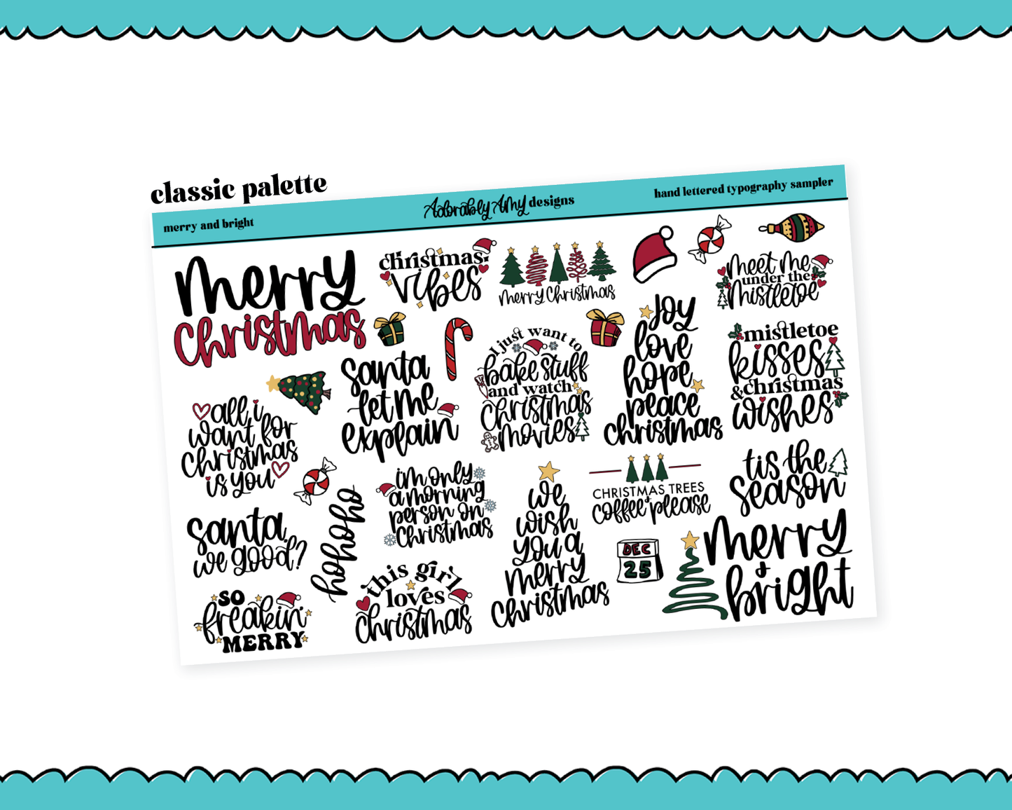 Hand Lettered Merry & Bright Typography Sampler Planner Stickers for any Planner or Insert