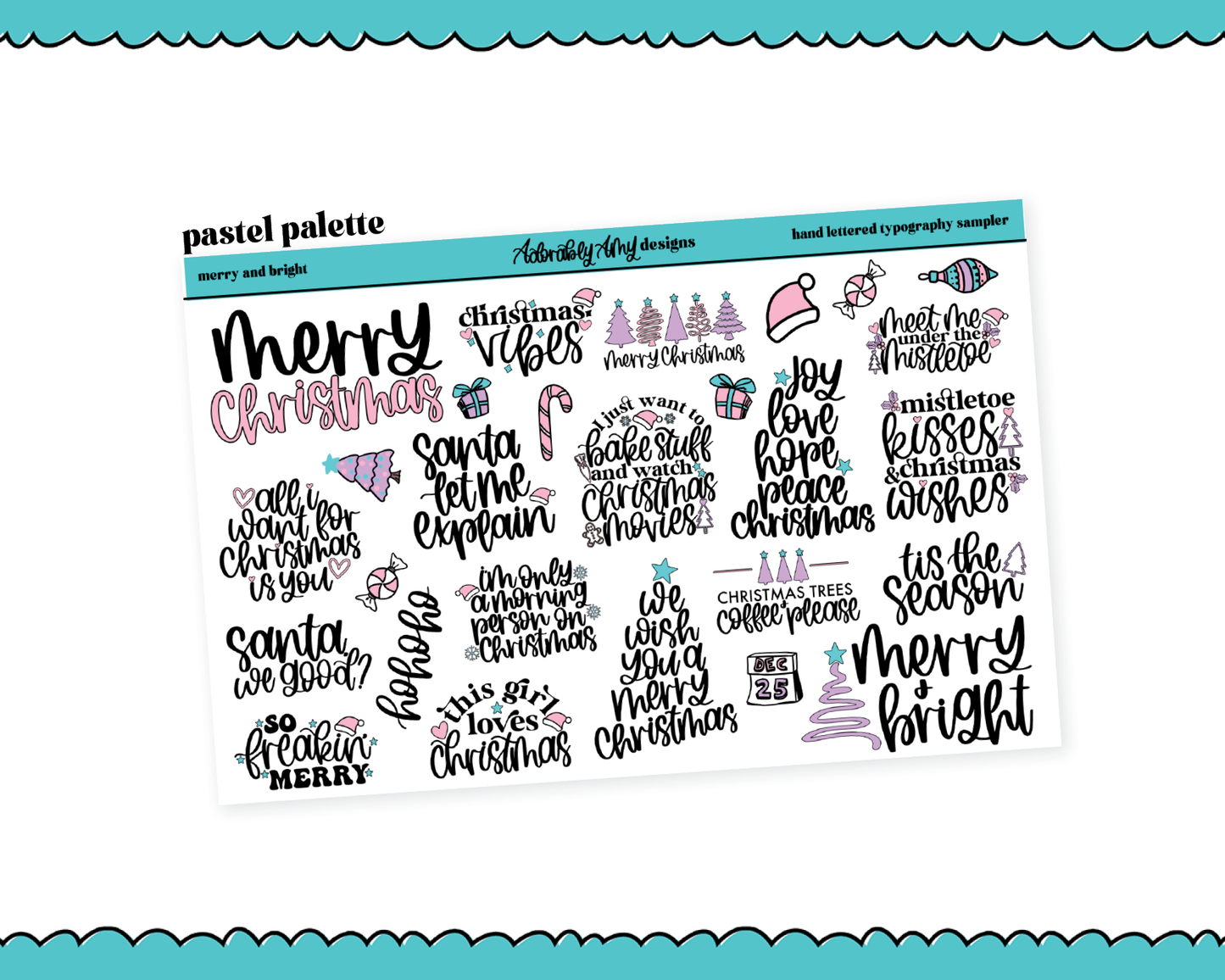 Hand Lettered Merry & Bright Typography Sampler Planner Stickers for any Planner or Insert