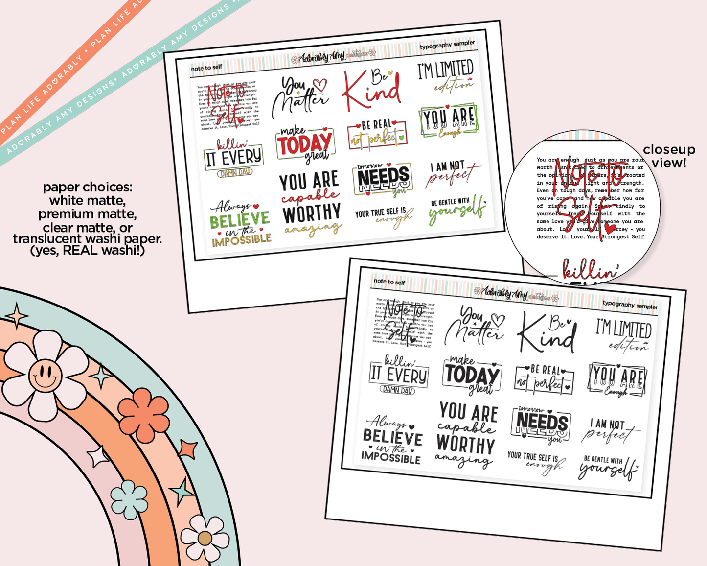 Note to Self Inspirational Deco Typography Sampler Planner Stickers