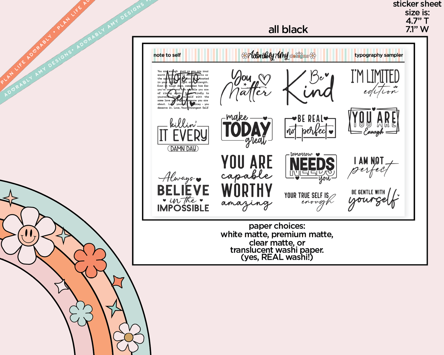 Note to Self Inspirational Deco Typography Sampler Planner Stickers