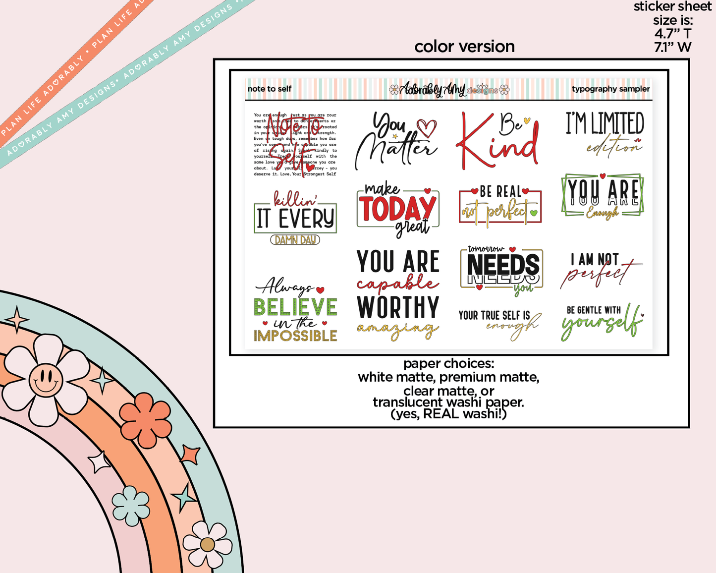 Note to Self Inspirational Deco Typography Sampler Planner Stickers