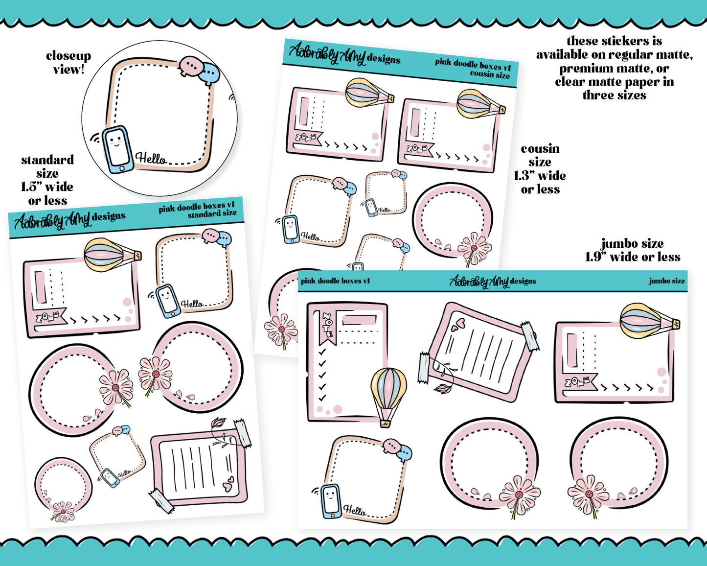 Hand Drawn Doodled Pink Boxes V1 - 3 Sizes Planner Stickers for any Planner or Insert