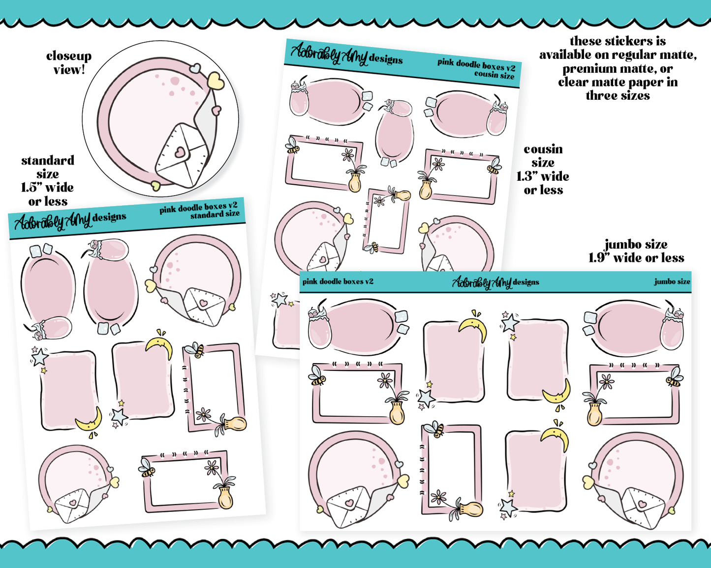 Hand Drawn Doodled Pink Boxes V2 - 3 Sizes Planner Stickers for any Planner or Insert