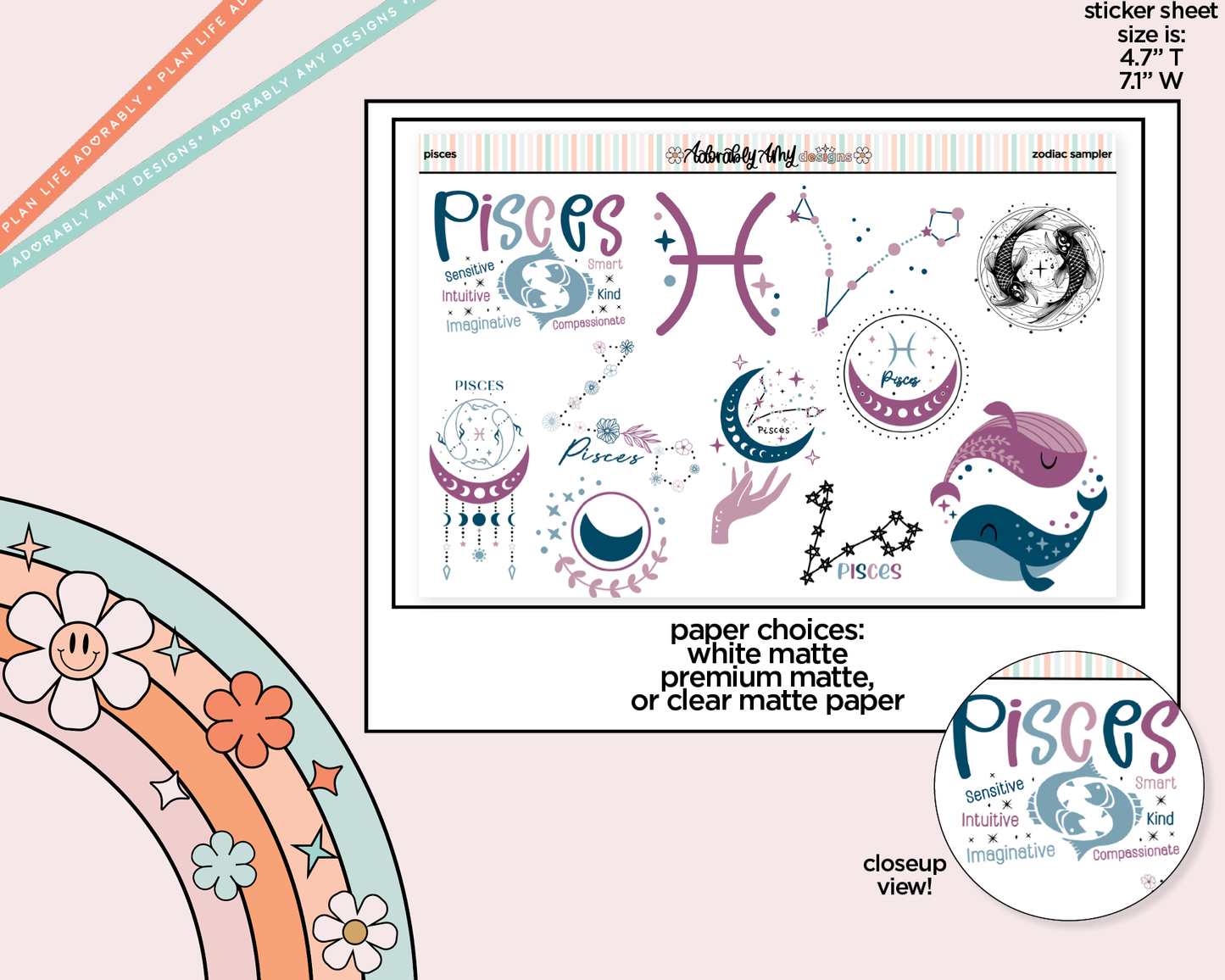 Zodiac Collection Pisces Deco Typography Sampler Planner Stickers