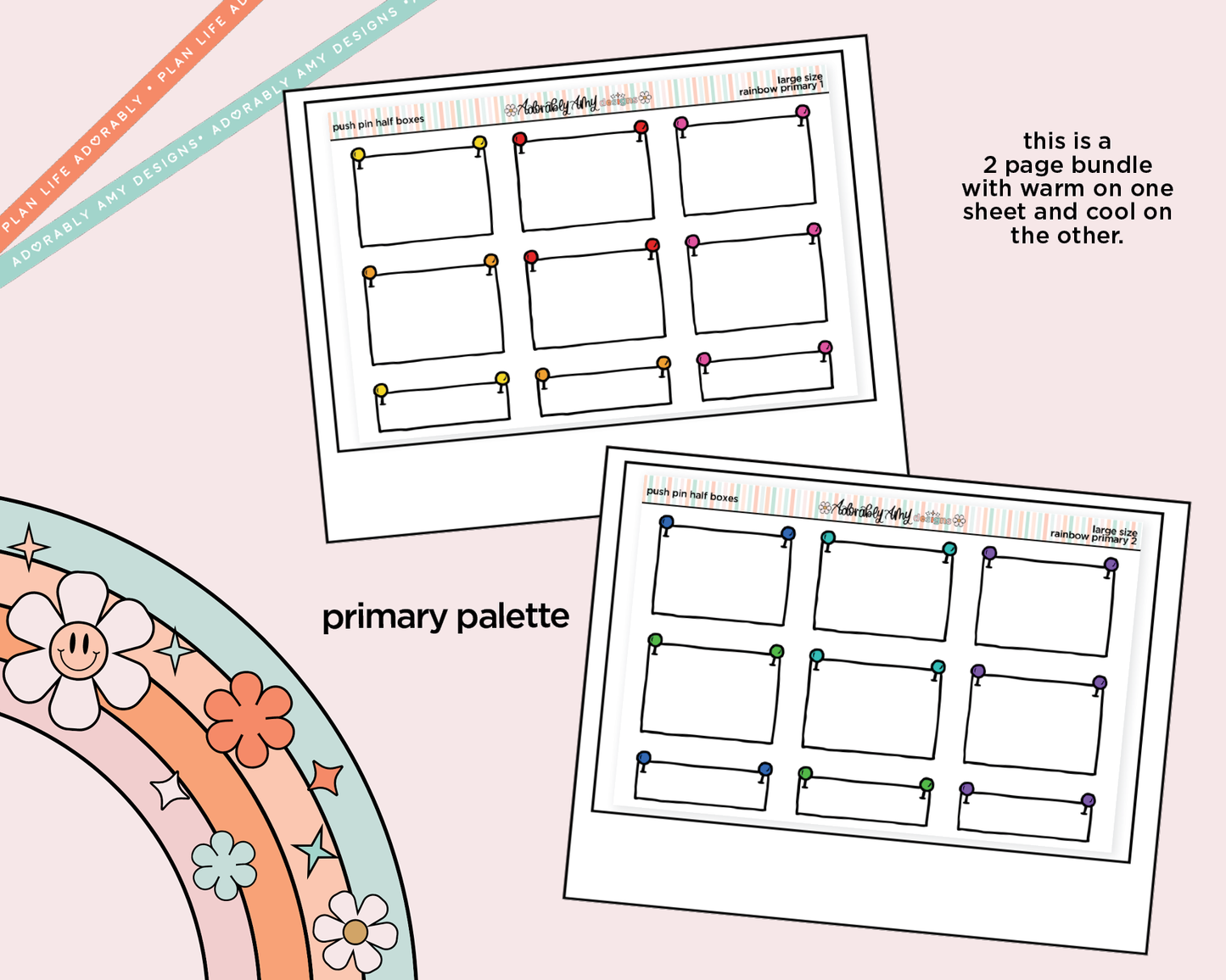 Rainbow Doodled Push Pin Half Boxes Large/Jumbo Size Planner Stickers - Adorably Amy Designs