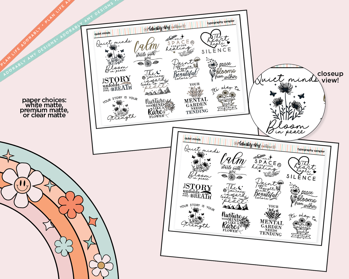 Quiet Minds Deco Typography Sampler Planner Stickers