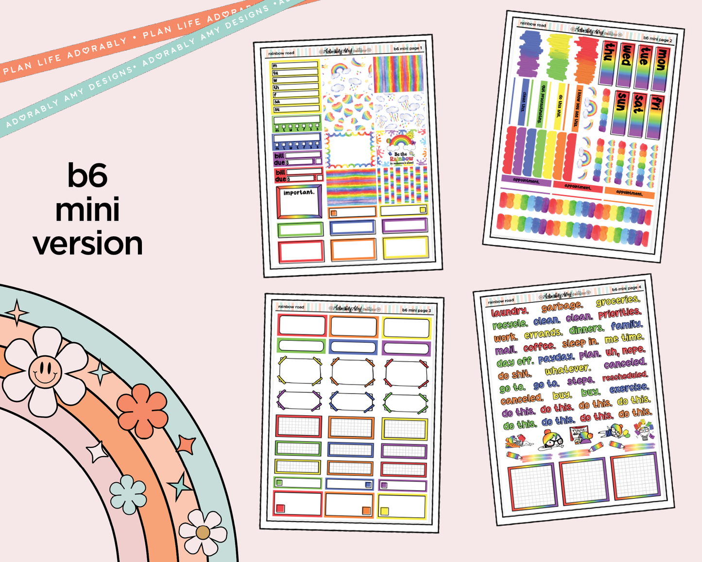Mini B6 Rainbow Road Planner Sticker Kit sized for ANY Vertical Insert