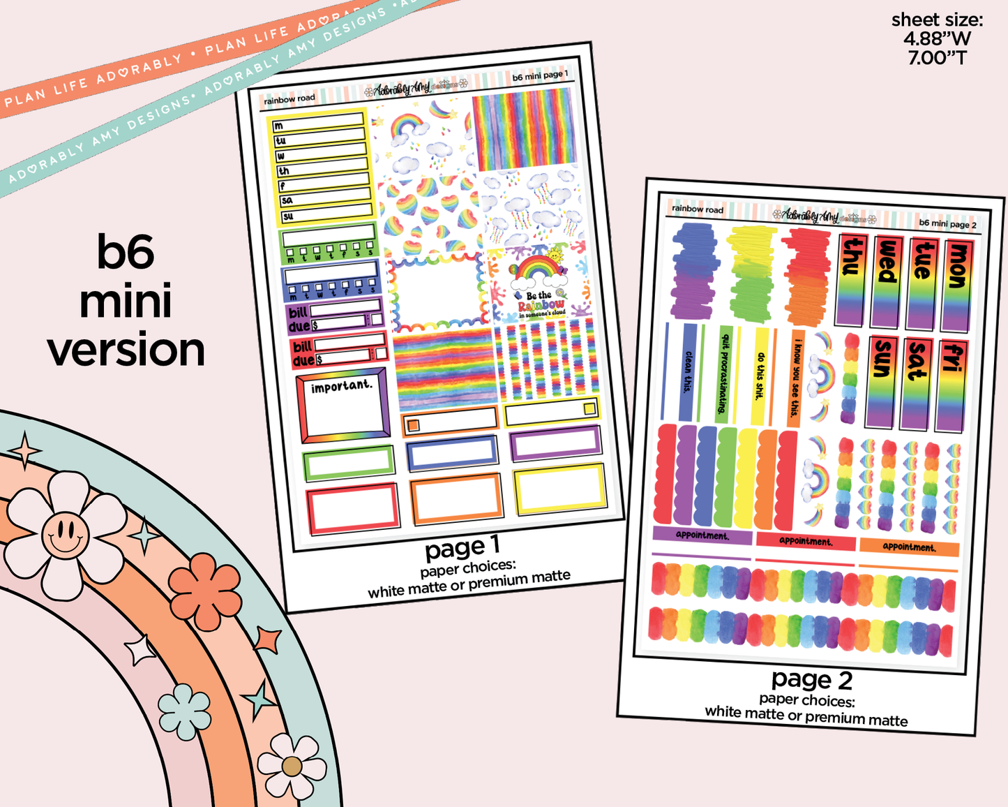 Mini B6 Rainbow Road Planner Sticker Kit sized for ANY Vertical Insert