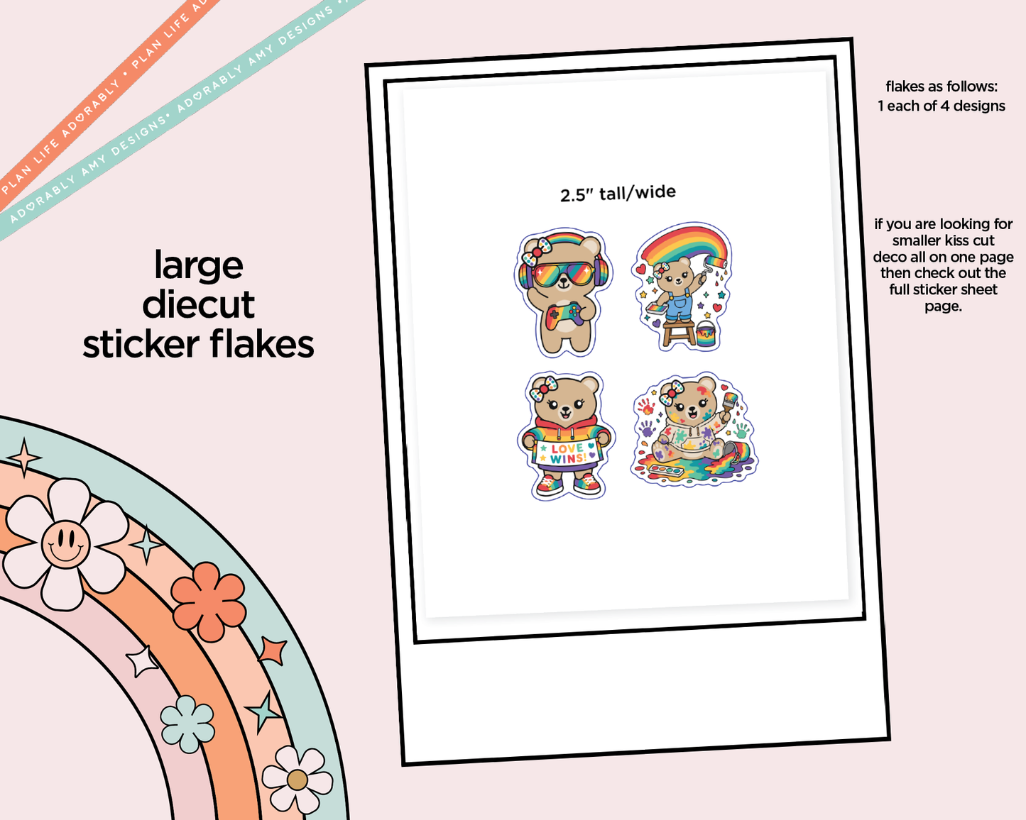Bailee Bear Rainbow Pride Decoration Character Planner Stickers - Adorably Amy Designs