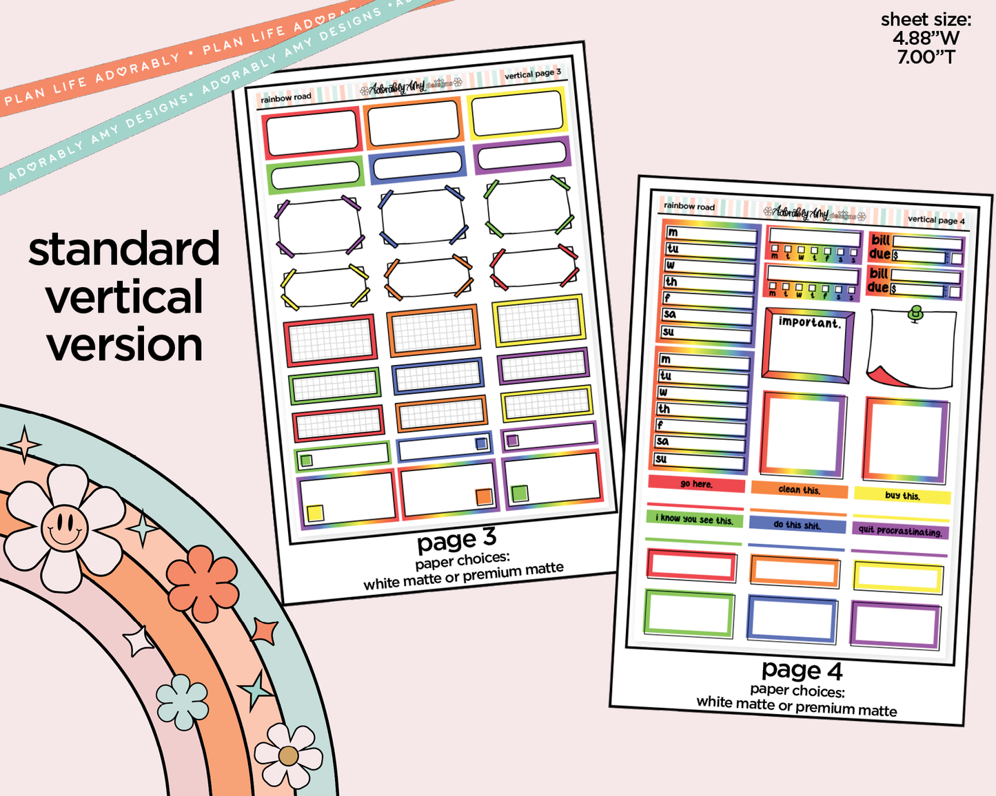Vertical Rainbow Road Weekly Sticker Kit for Vertical Standard Size Planners or Insert