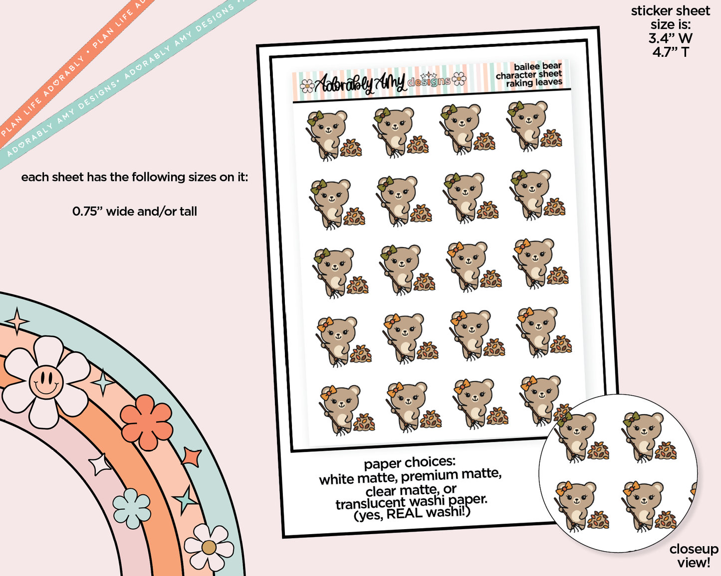 Bailee Bear Raking Leaves Decoration Planner Stickers for any Planner or Insert