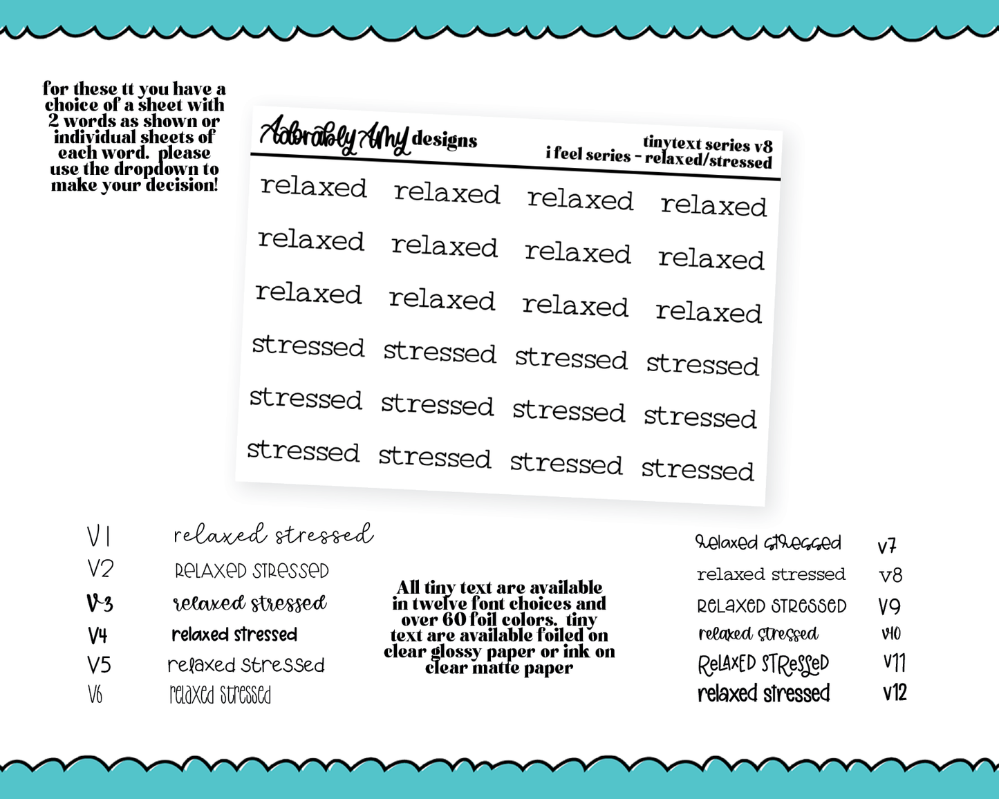 Foiled Tiny Text Series - Feelings Series - Relaxed and Stressed Checklist Size Planner Stickers for any Planner or Insert