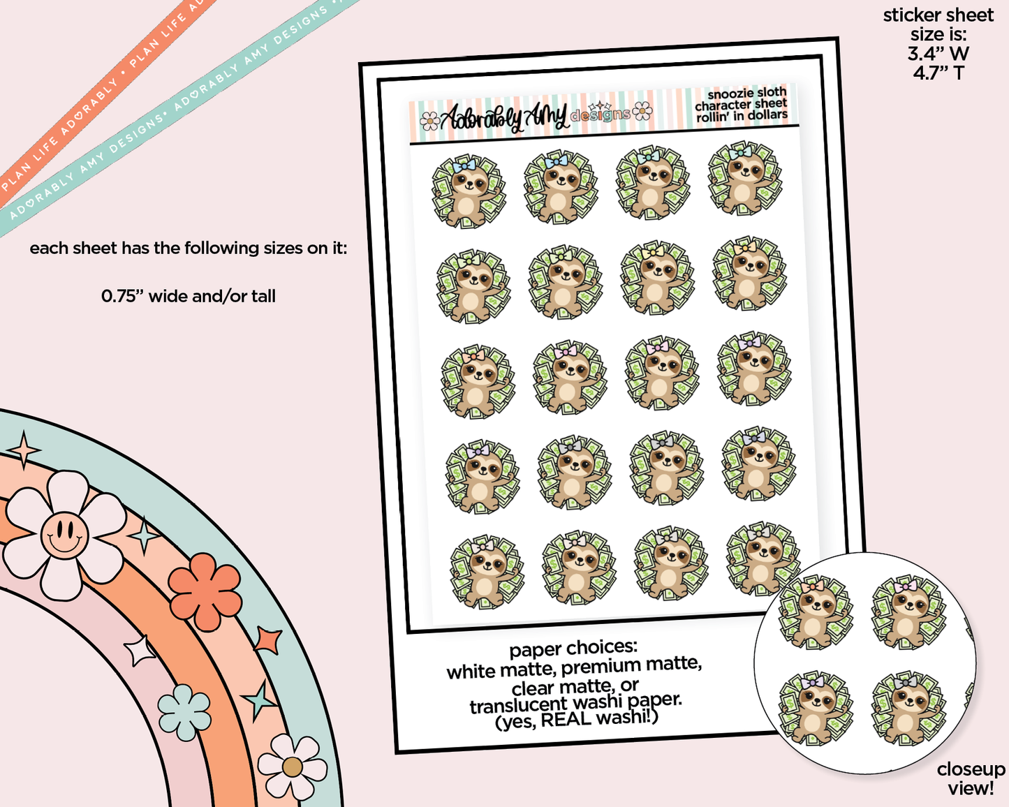 Snoozie Sloth Rollin' in Dollar Bills Decoration Planner Stickers