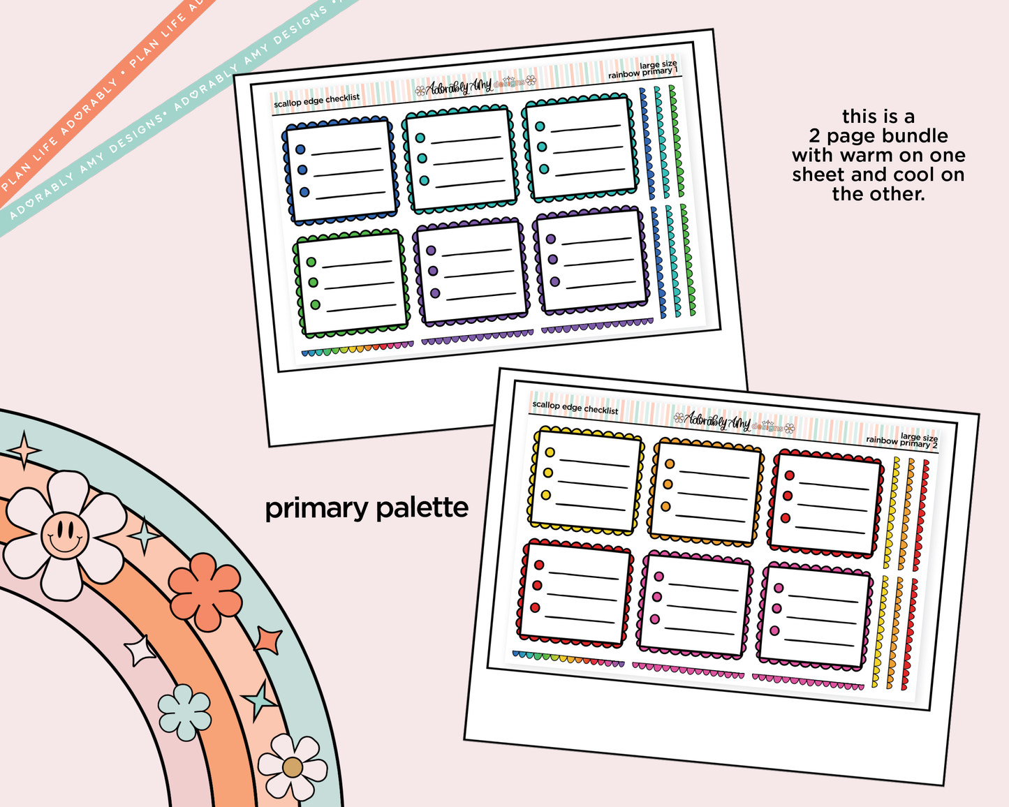Rainbow Doodled Scalloped Edge Checklist Boxes Large/Jumbo Size Planner Stickers