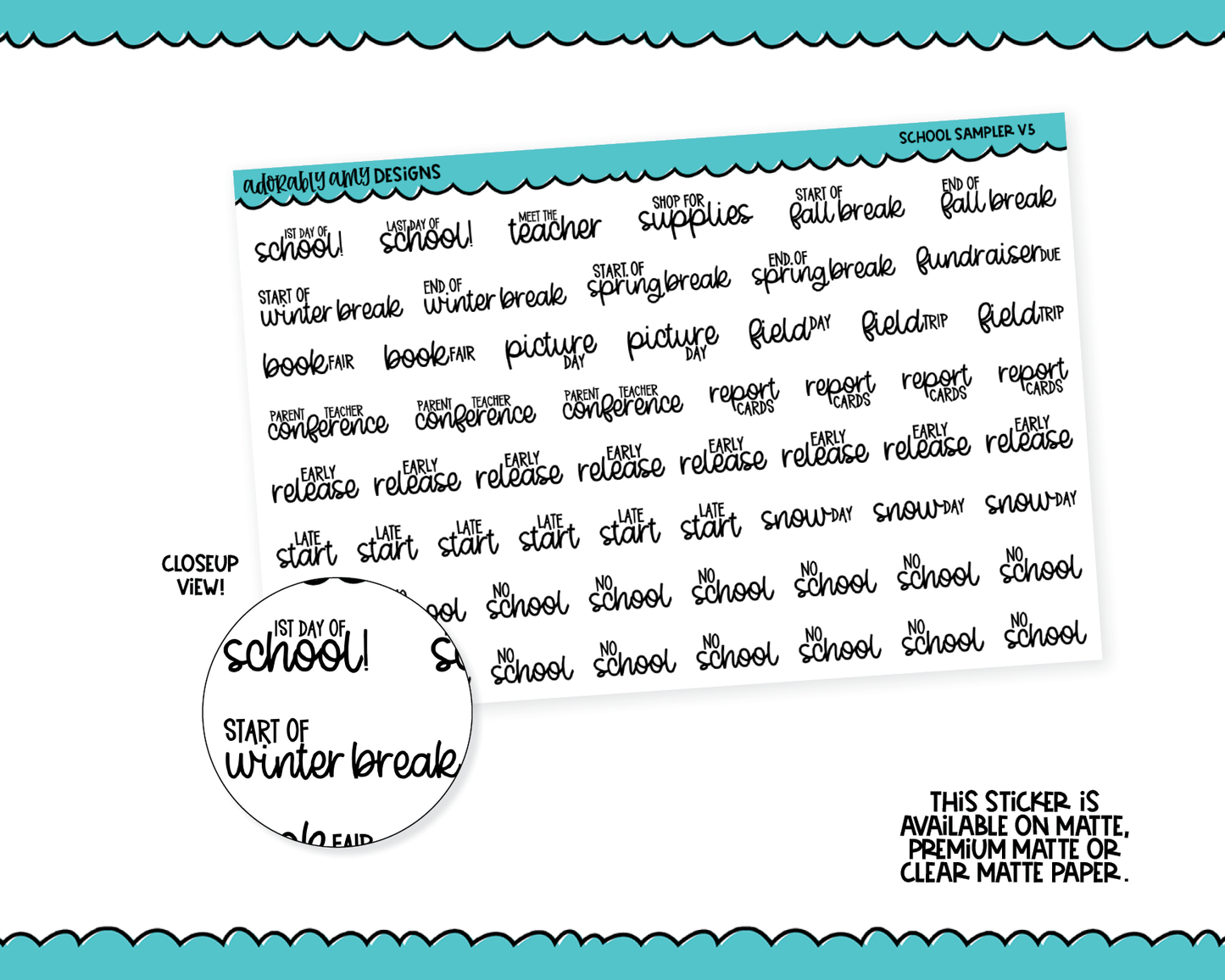 School Sampler V5 Typography Planner Stickers for any Planner or Insert