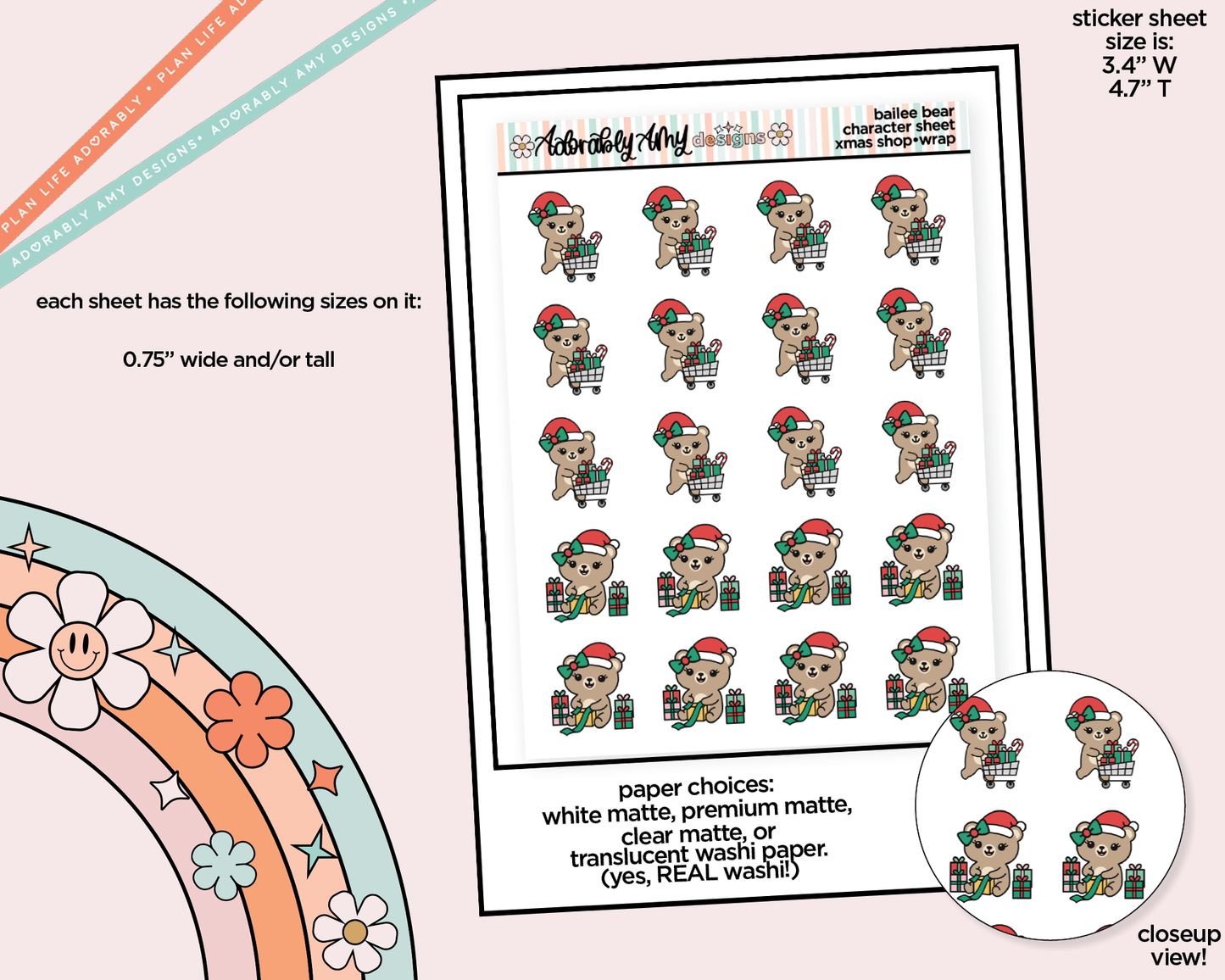 Bailee Bear Christmas Shop and Wrap Presents Decoration Planner Stickers for any Planner or Insert