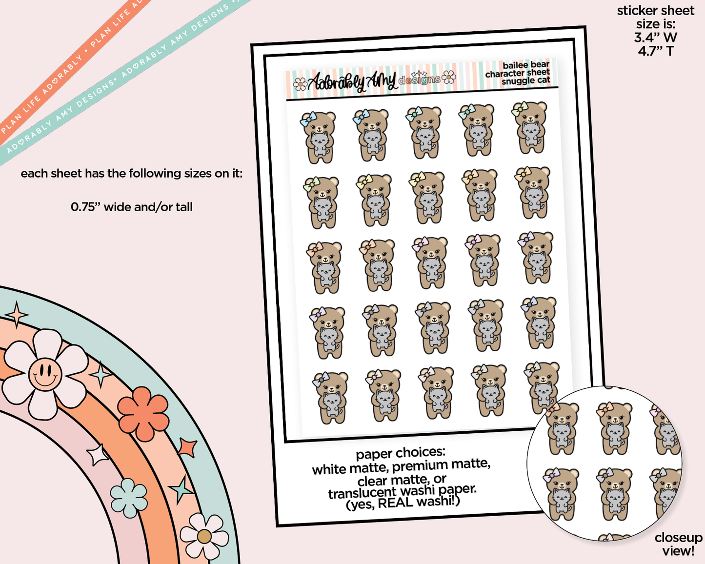 Bailee Bear Snuggle Cat Decoration Character Planner Stickers