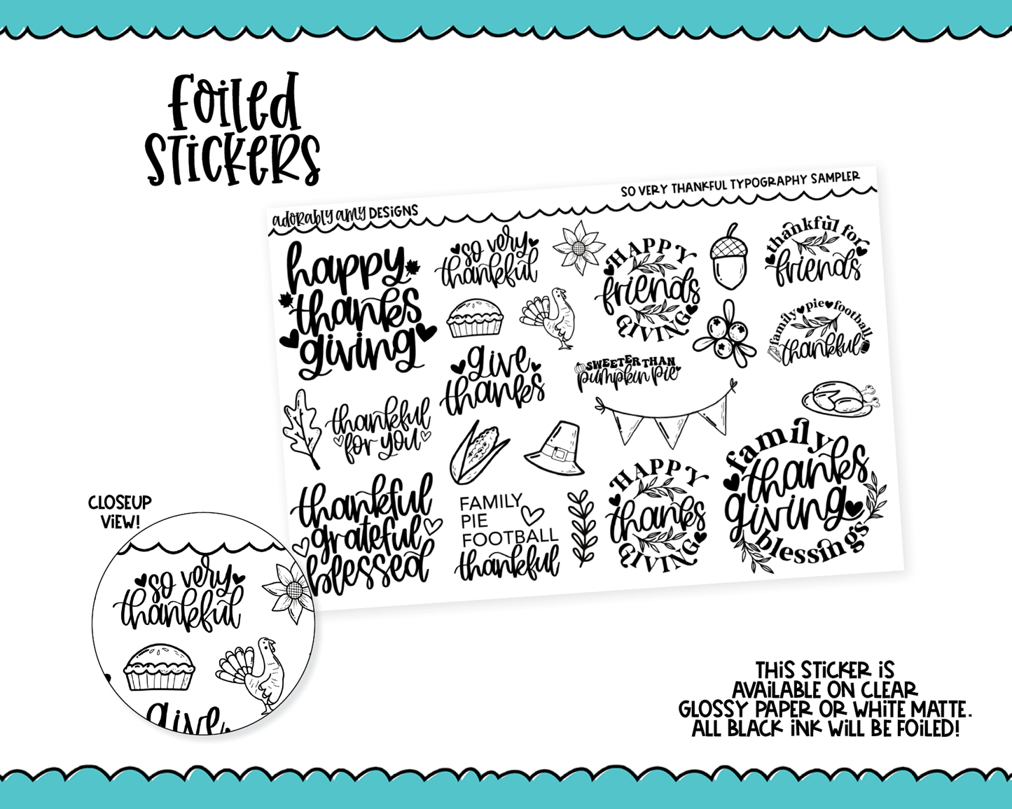 Foiled So Very Thankful Typography Sampler Planner Stickers for any Planner or Insert