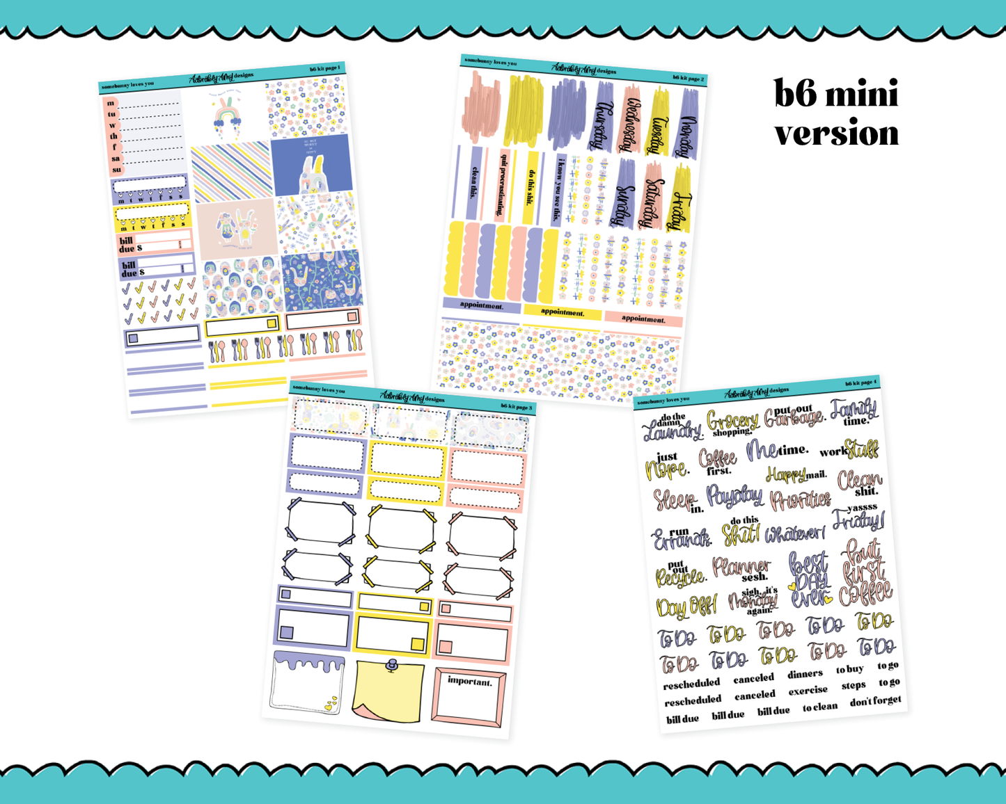 Mini B6 Somebunny Loves You Weekly Planner Sticker Kit sized for ANY Vertical Insert