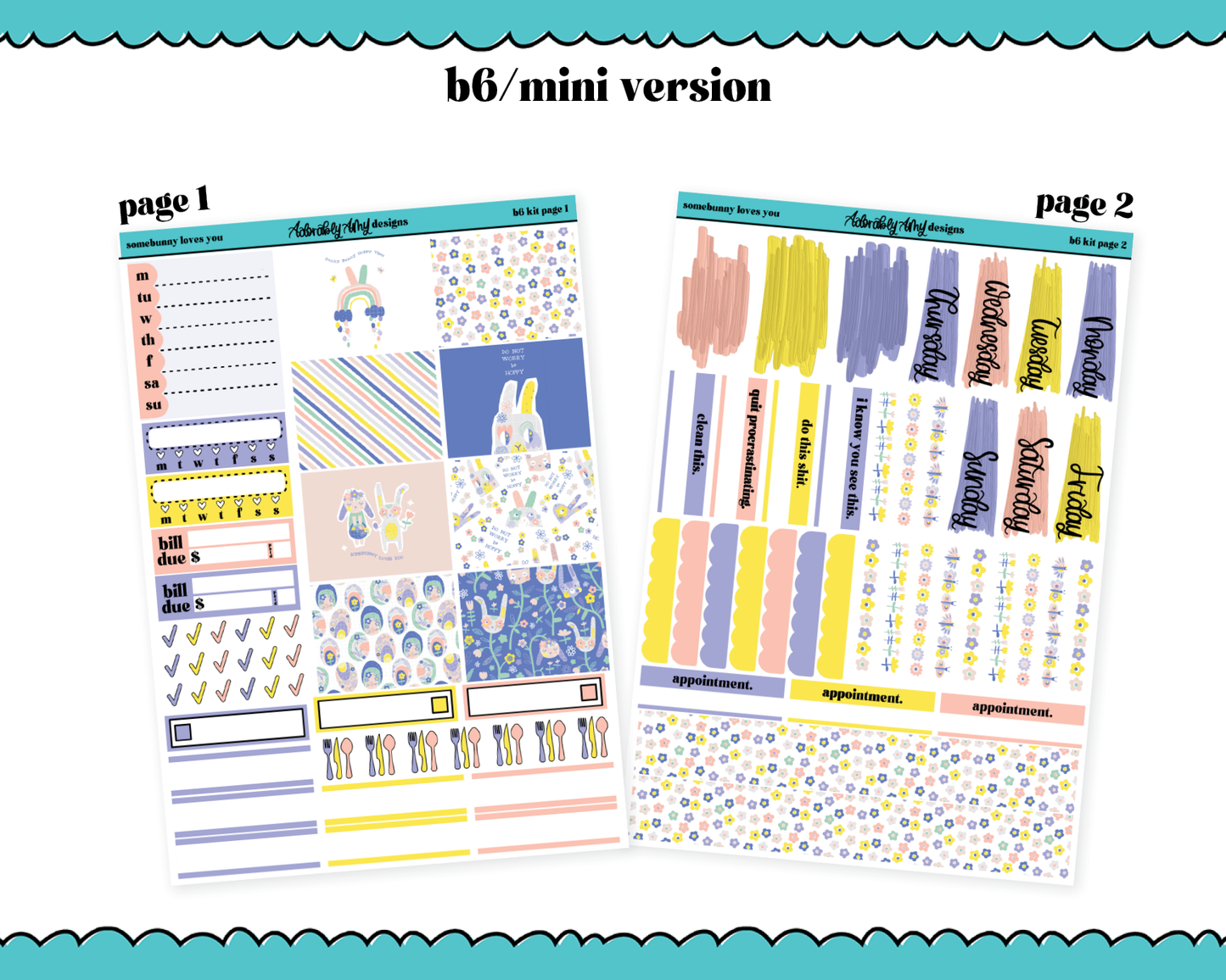 Mini B6 Somebunny Loves You Weekly Planner Sticker Kit sized for ANY Vertical Insert
