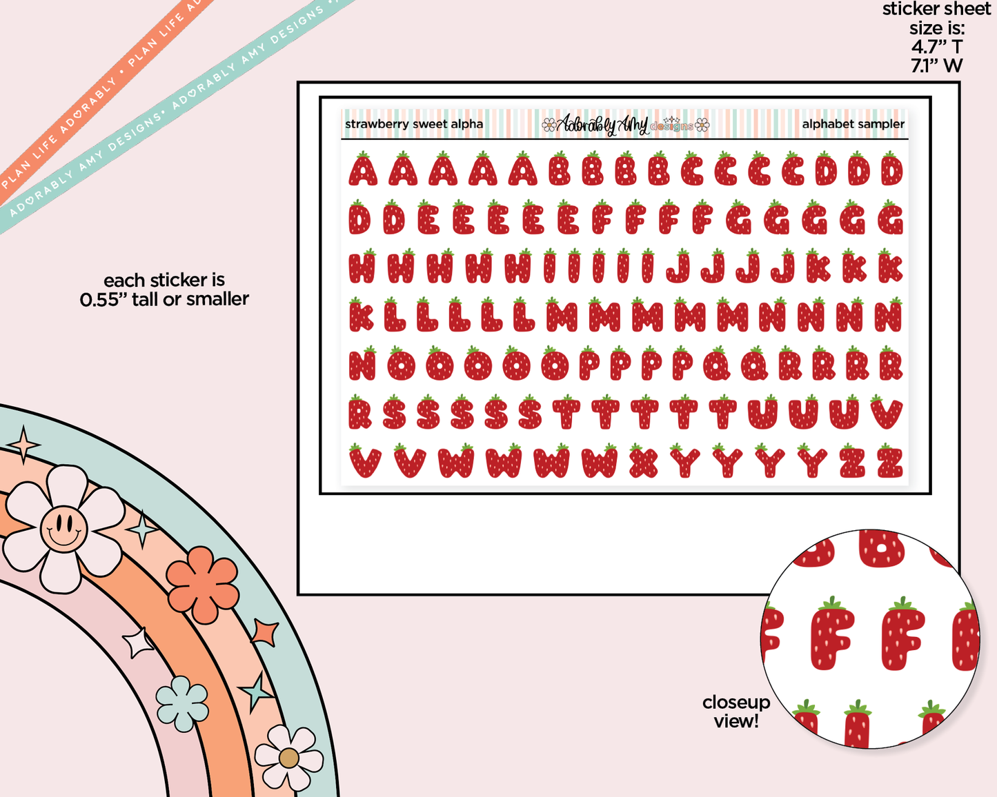 Strawberry Sweet Alphabet Stickers Deco Typography Sampler Planner Stickers - Adorably Amy Designs