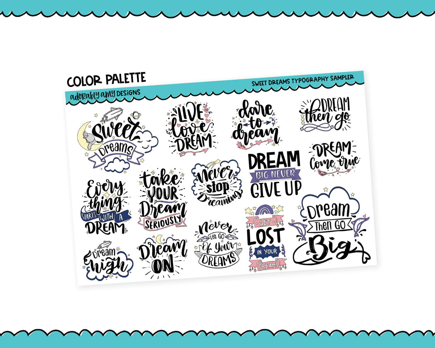 Sweet Dreams Typography Sampler Planner Stickers for any Planner or Insert