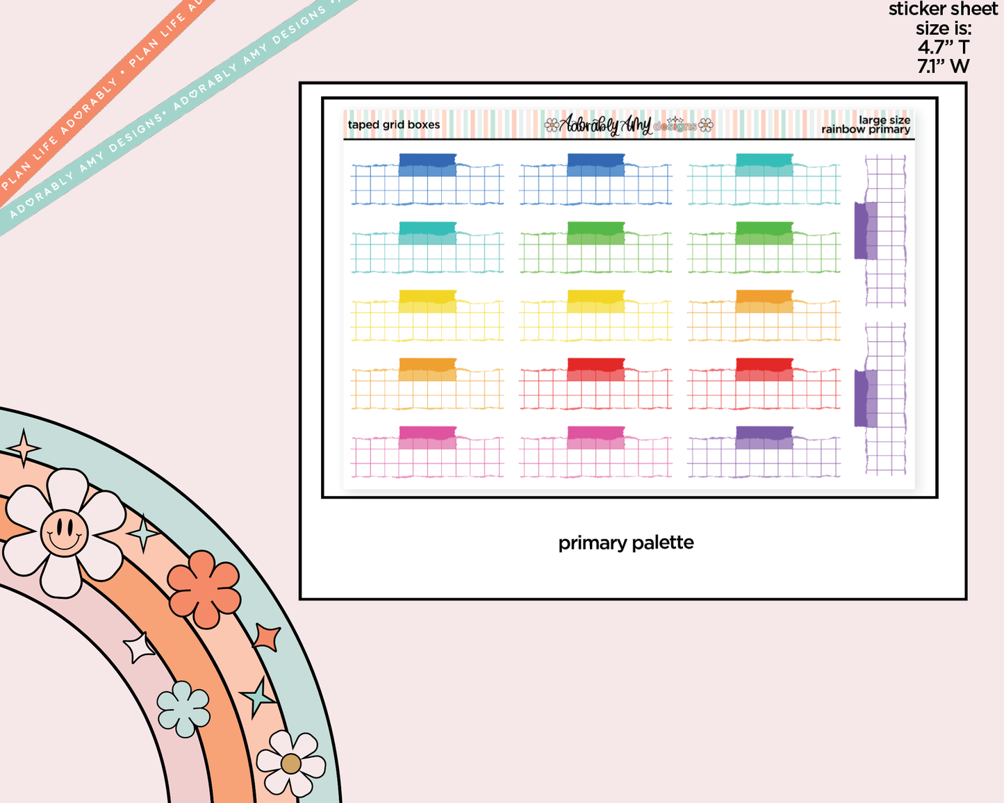 Rainbow Doodled Taped Grid Boxes Large/Jumbo Size Planner Stickers