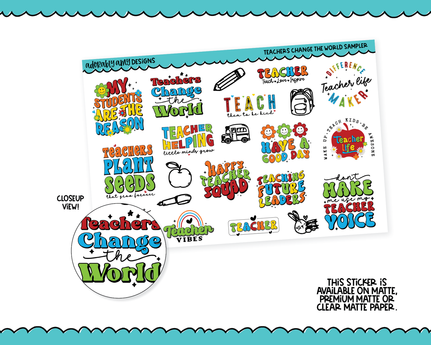 Teachers Change the World Doodled Typography Sampler Planner Stickers for any Planner or Insert