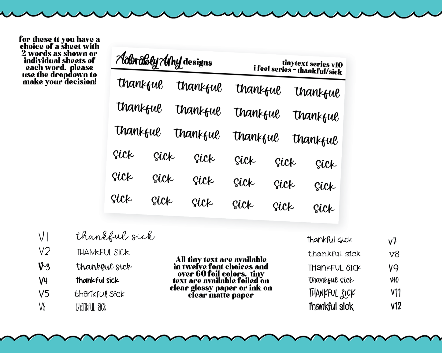 Foiled Tiny Text Series - Feelings Series - Thankful and Sick Checklist Size Planner Stickers for any Planner or Insert