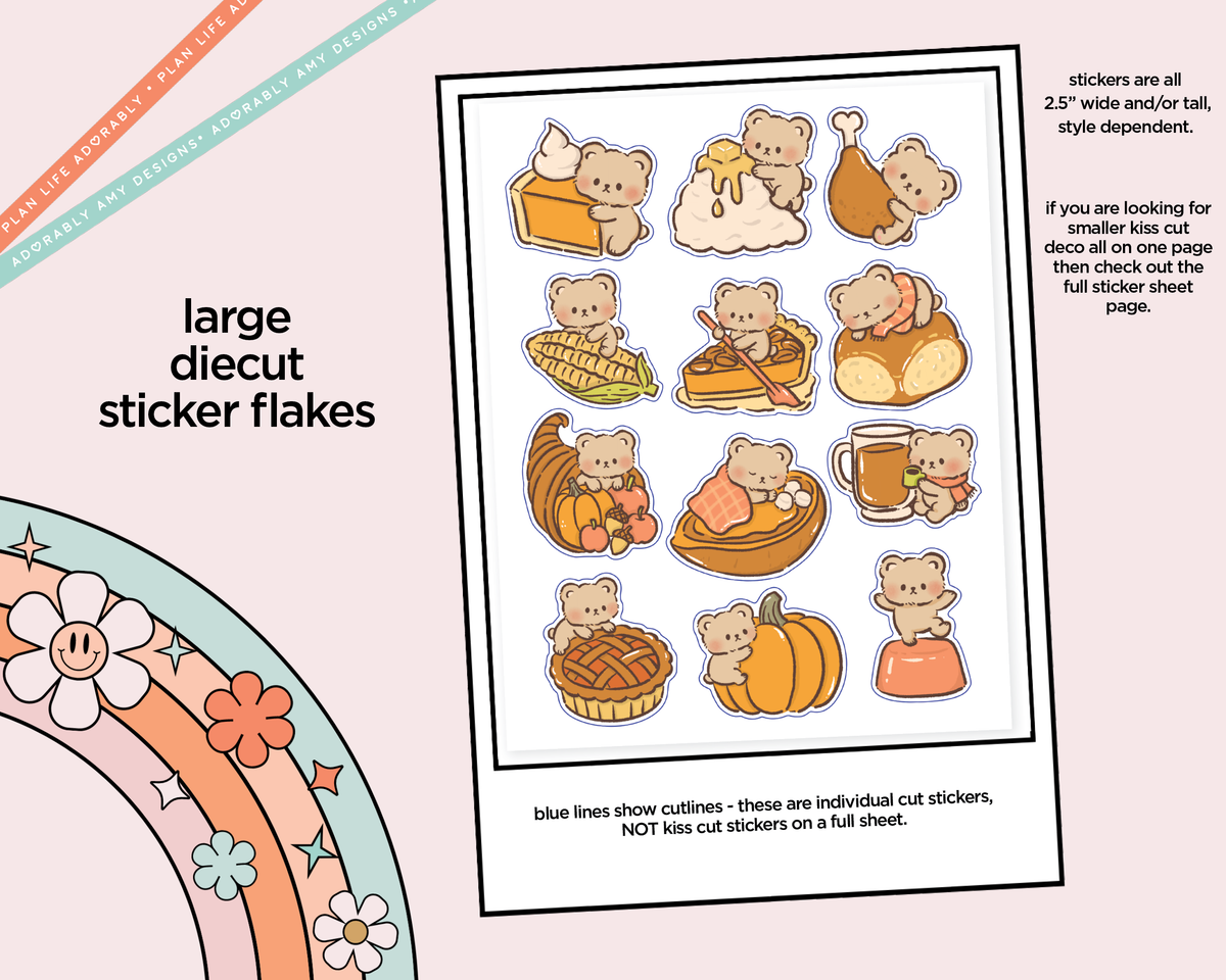 Thanksgiving Feast Bear Kawaii Deco Samplers in 3 Sizes Decorative Planner Stickers - Adorably Amy Designs