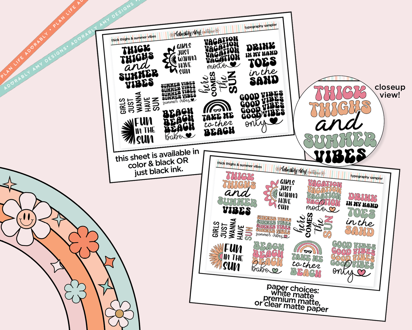 Thick Thighs and Summer Vibes Deco Typography Sampler Planner Stickers