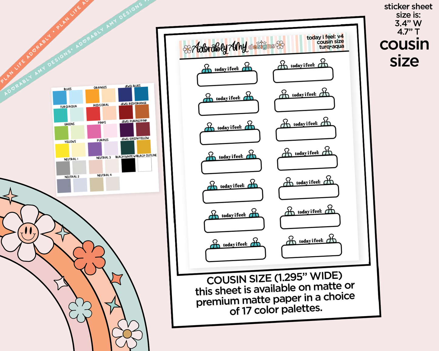 Rainbow Hobo Cousin Today I Feel: V4 Mood Tracker Boxes Planner Stickers for Hobonichi Cousin Size Planners