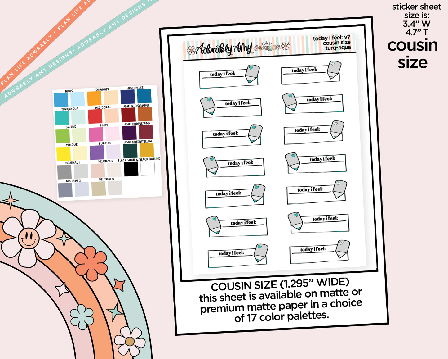 Rainbow Hobo Cousin Today I Feel: V7 Mood Tracker Boxes Planner Stickers for Hobonichi Cousin Size Planners