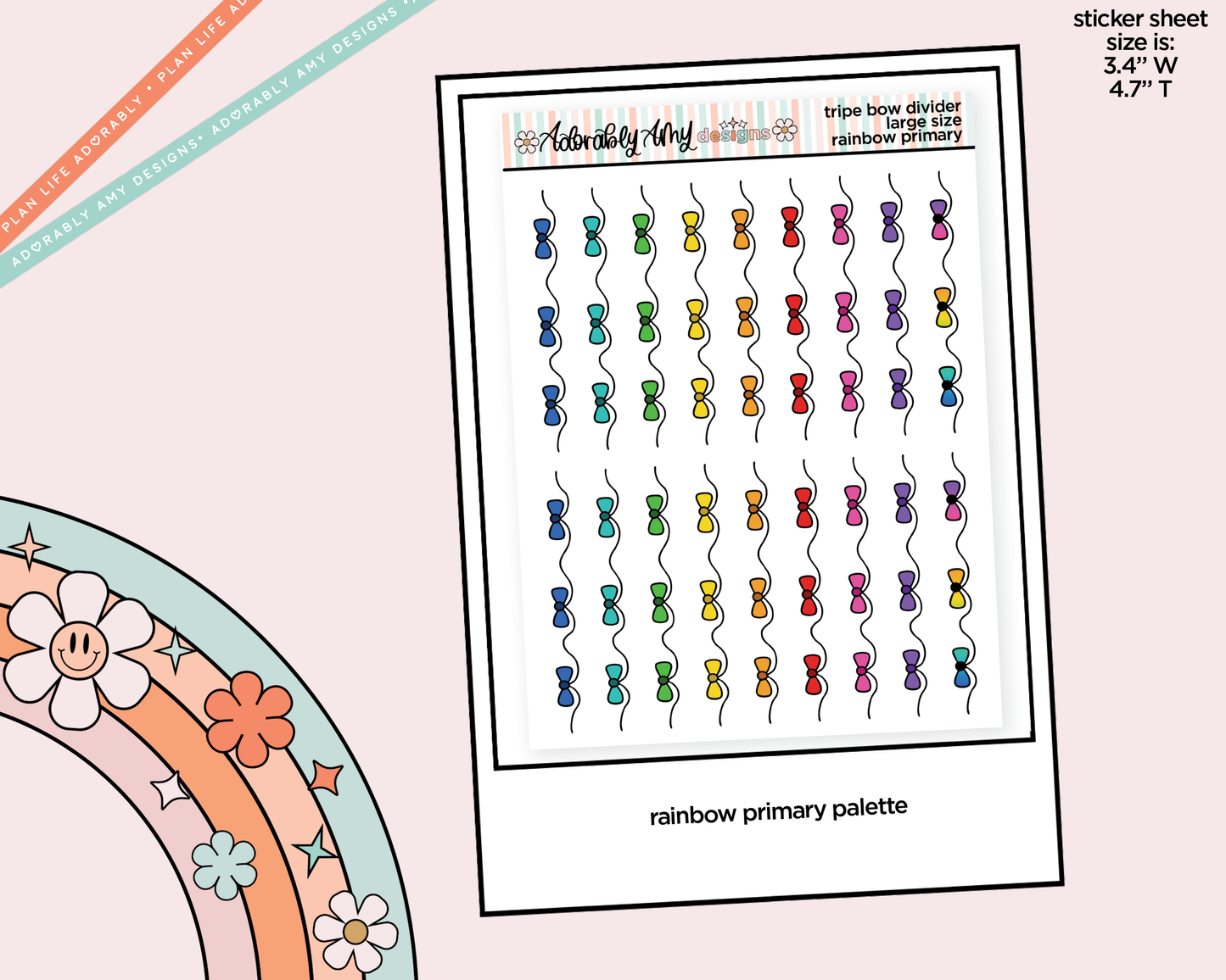 Rainbow Doodled Triple Bow Dividers Deco Large/Jumbo Size Stickers for any Planner or Insert