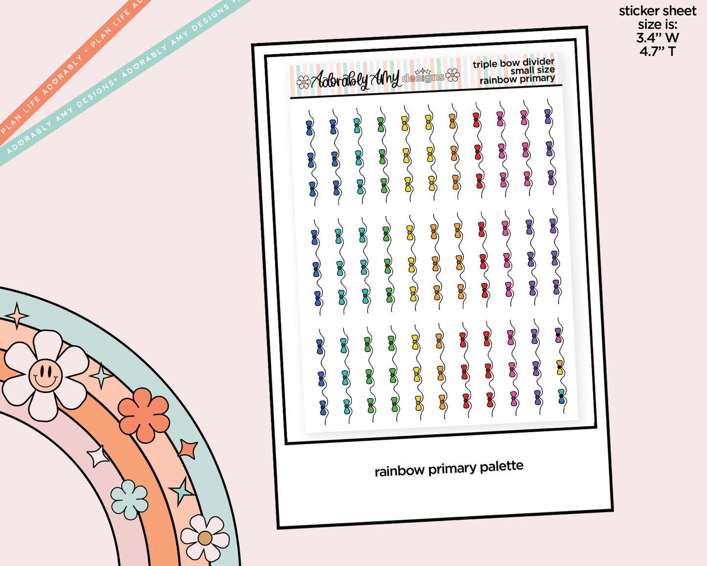 Rainbow Doodled Triple Bow Dividers Deco Small Size Stickers for any Planner or Insert