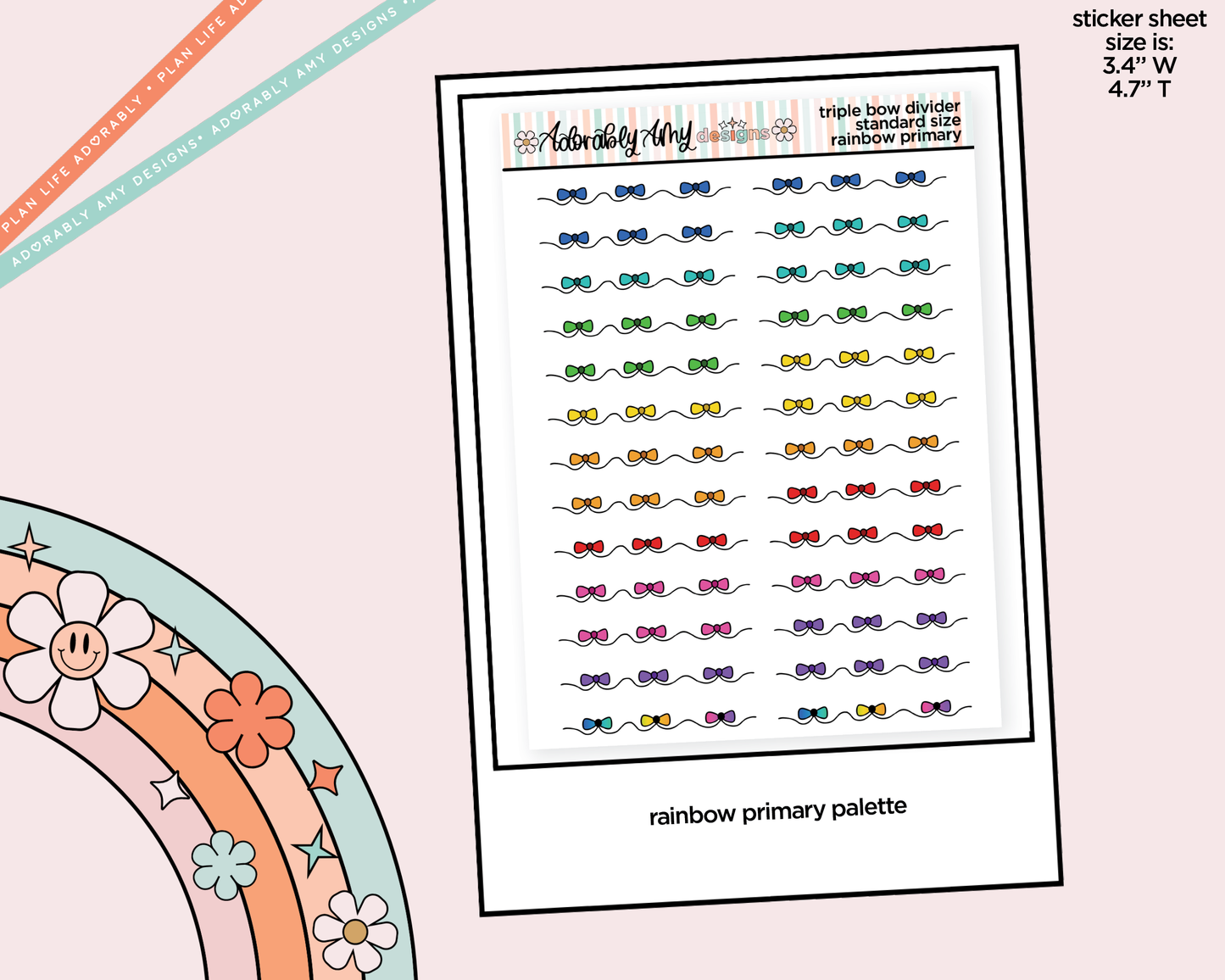 Rainbow Doodled Triple Bow Dividers Deco Standard Size Stickers for any Planner or Insert