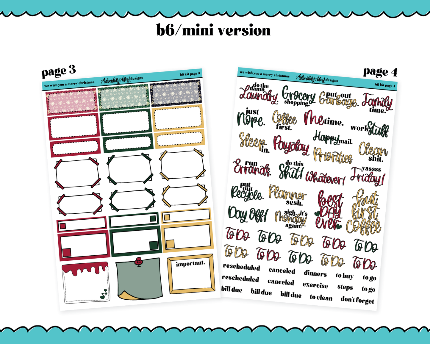 Mini B6 We Wish You a Merry Christmas Themed Weekly Planner Sticker Kit sized for ANY Vertical Insert