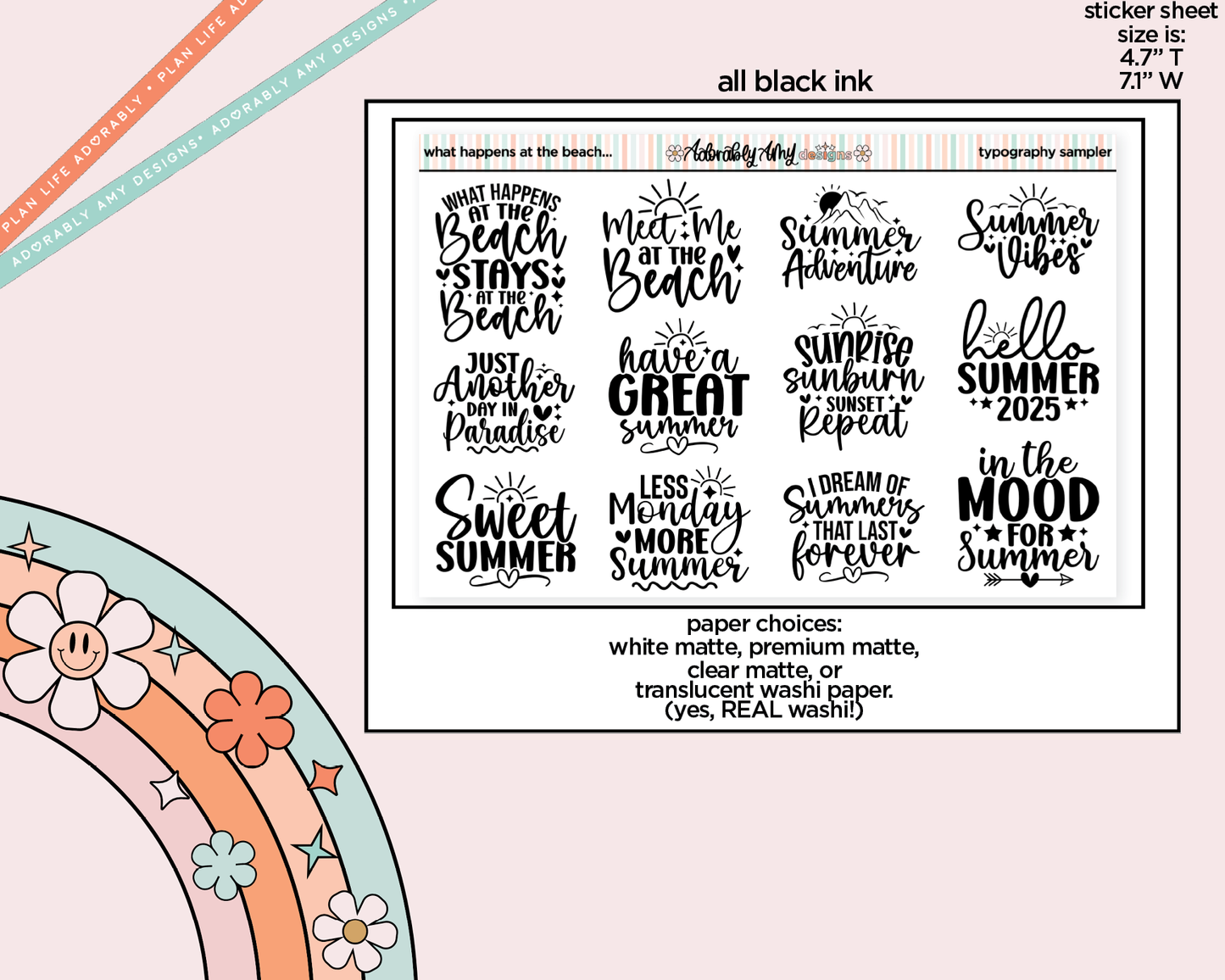 What Happens on the Beach Summer Deco Typography Sampler Planner Stickers