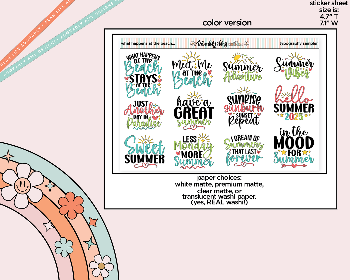 What Happens on the Beach Summer Deco Typography Sampler Planner Stickers
