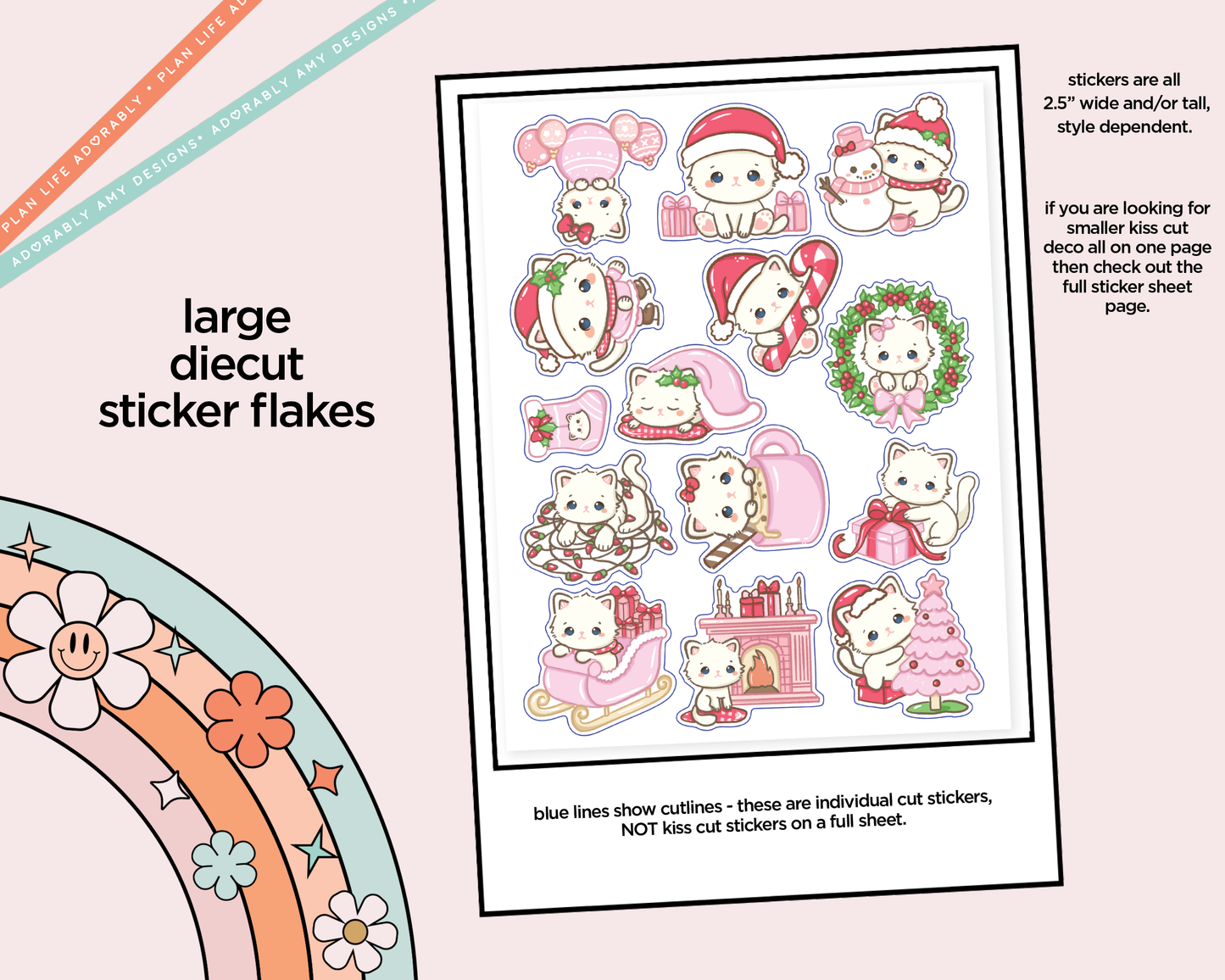 White Cat Christmas Deco Samplers in 3 Sizes Decorative Planner Stickers
