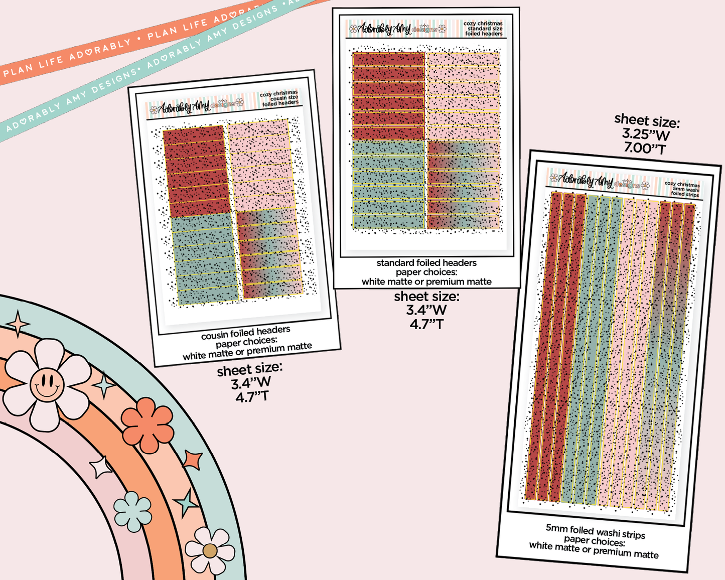 Foiled Cozy Christmas Headers or Long Strips Planner Stickers for any Planner or Insert
