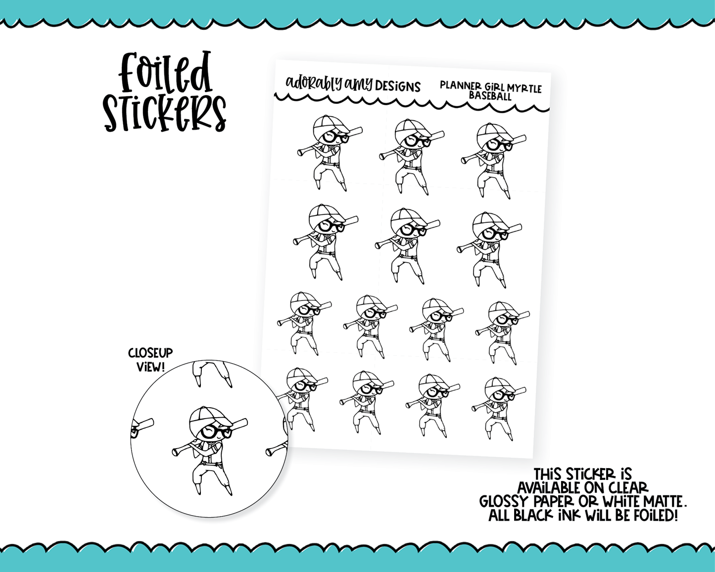 Foiled Doodled Planner Girls Baseball Planner Stickers for any Planner or Insert