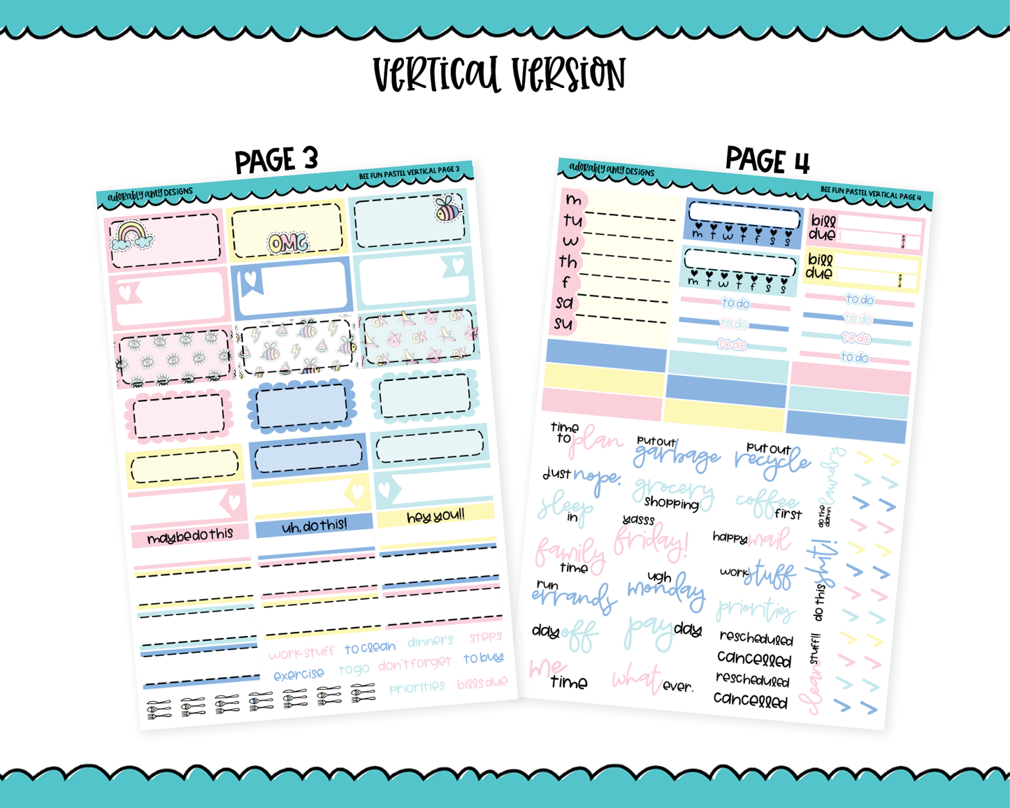 Vertical Bee Fun Pastel Planner Sticker Kit for Vertical Standard Size Planners or Inserts