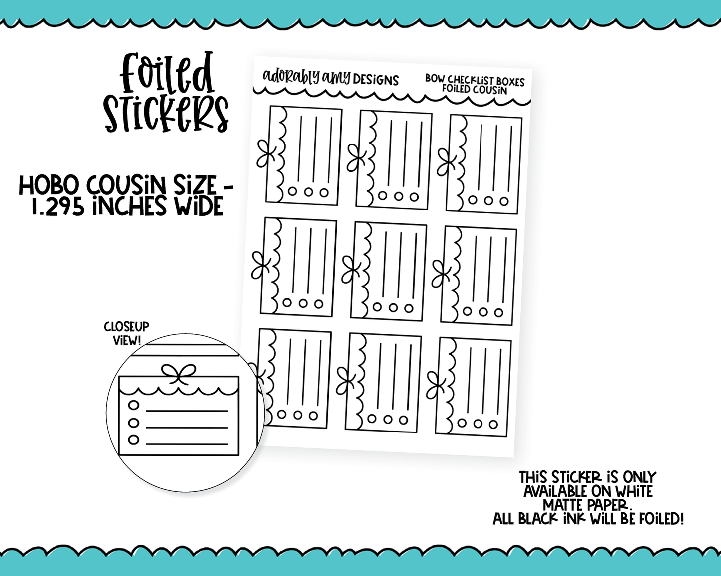 Foiled Hobo Cousin Doodled Bow Checklist Boxes Planner Stickers for Hobo Cousin or any Planner or Insert