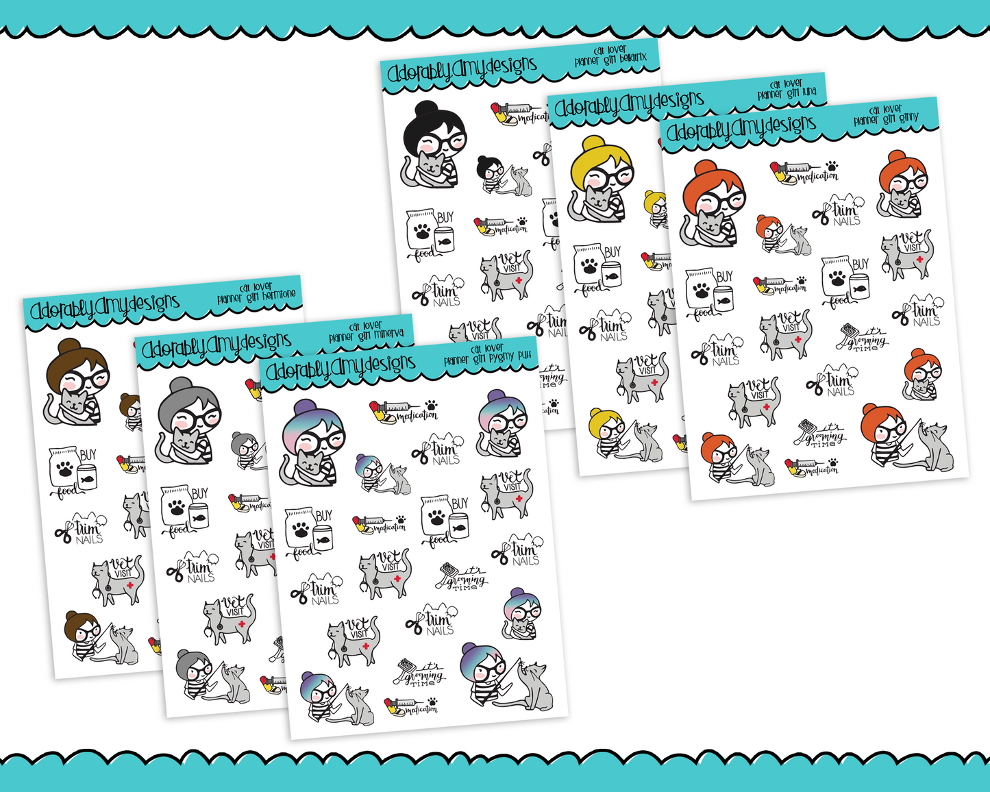 Planner Girls Character Stickers Cat Lover Decoration Planner Stickers for any Planner or Insert - Adorably Amy Designs
