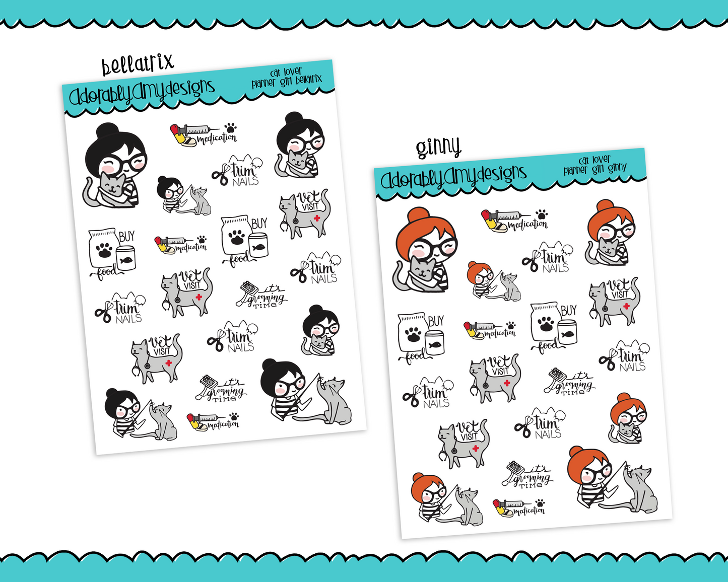 Planner Girls Character Stickers Cat Lover Decoration Planner Stickers for any Planner or Insert - Adorably Amy Designs