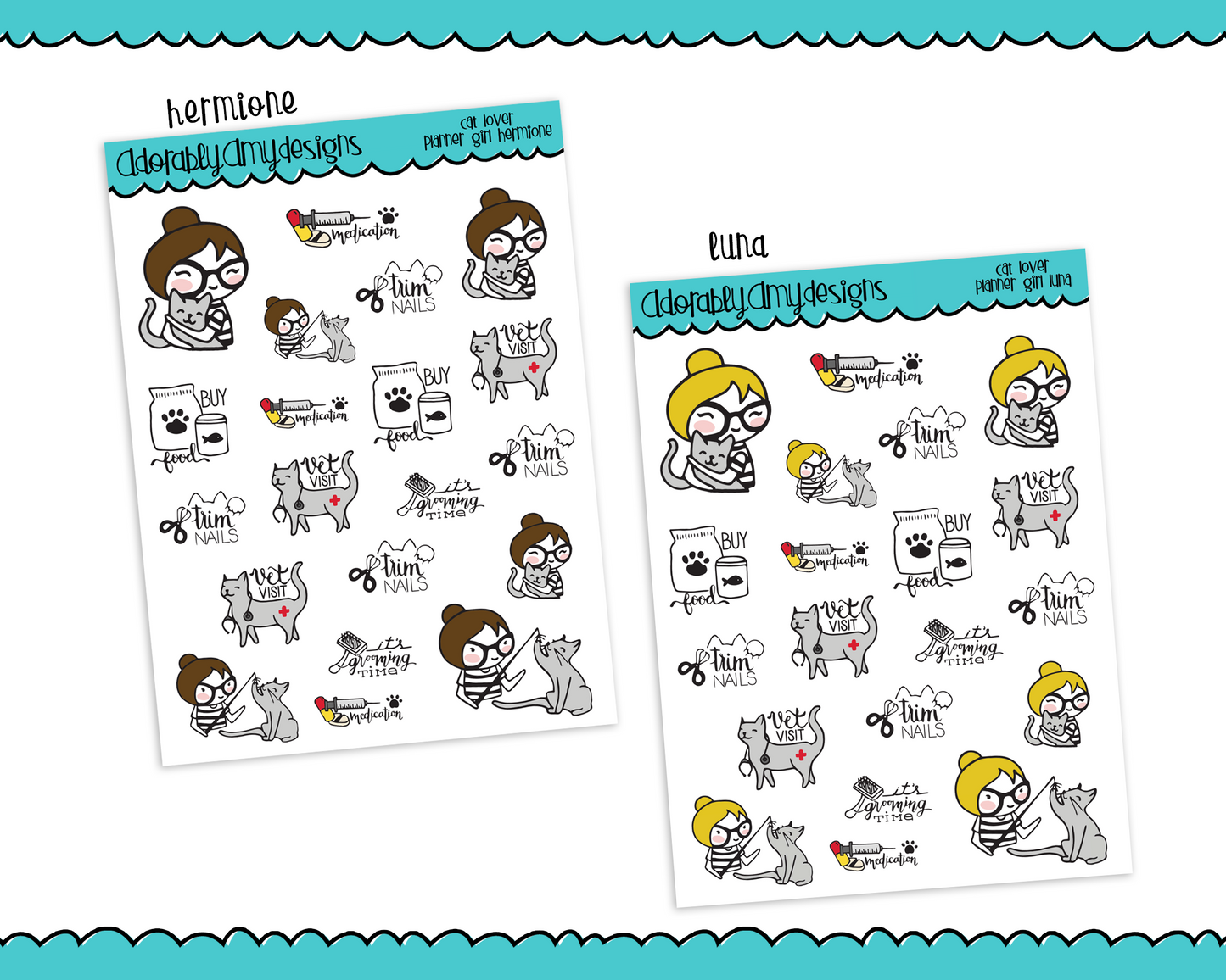Planner Girls Character Stickers Cat Lover Decoration Planner Stickers for any Planner or Insert - Adorably Amy Designs